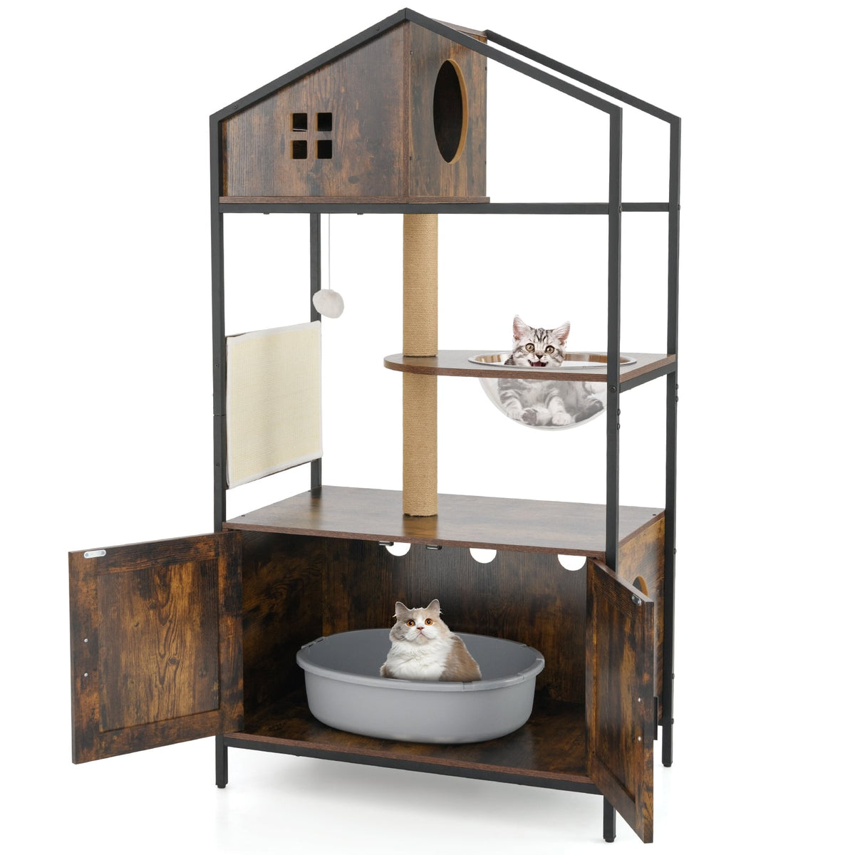 Cat Tree with Litter Box Enclosure Industrial Cat Tower Multi-level Cat Condo Furniture for Indoor Cats-Rustic Brown-Cat Trees & Scratchers-DECOROLALA