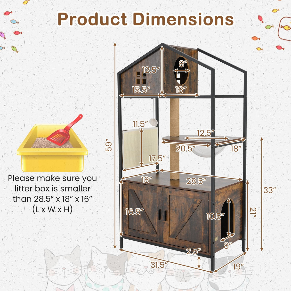 Cat Tree with Litter Box Enclosure Industrial Cat Tower Multi-level Cat Condo Furniture for Indoor Cats-Rustic Brown-Cat Trees & Scratchers-DECOROLALA
