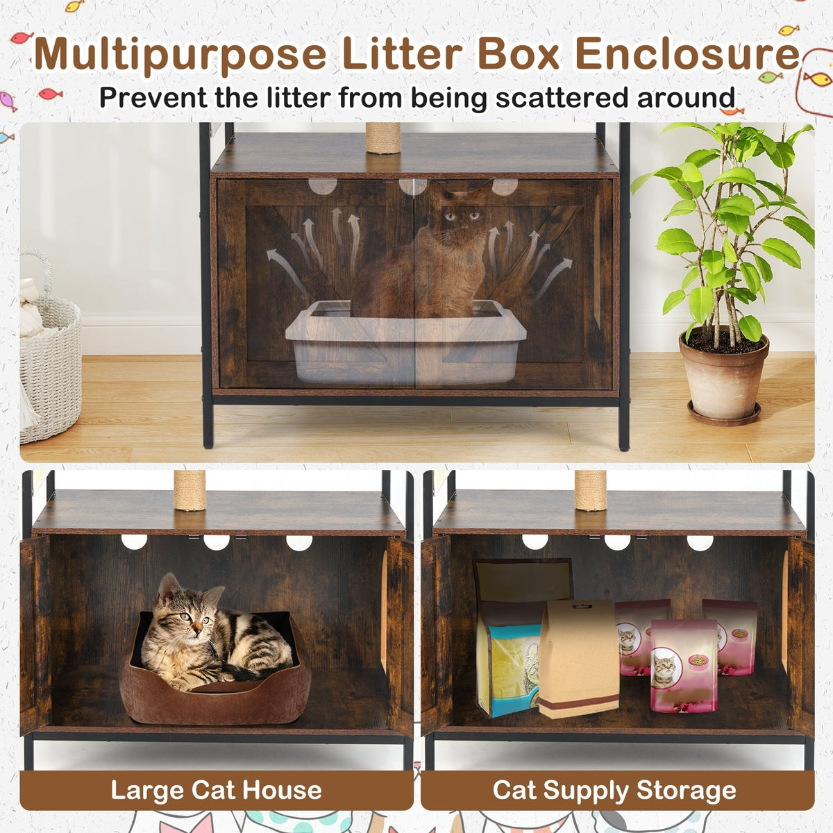 Cat Tree with Litter Box Enclosure Industrial Cat Tower Multi-level Cat Condo Furniture for Indoor Cats-Rustic Brown-Cat Trees & Scratchers-DECOROLALA