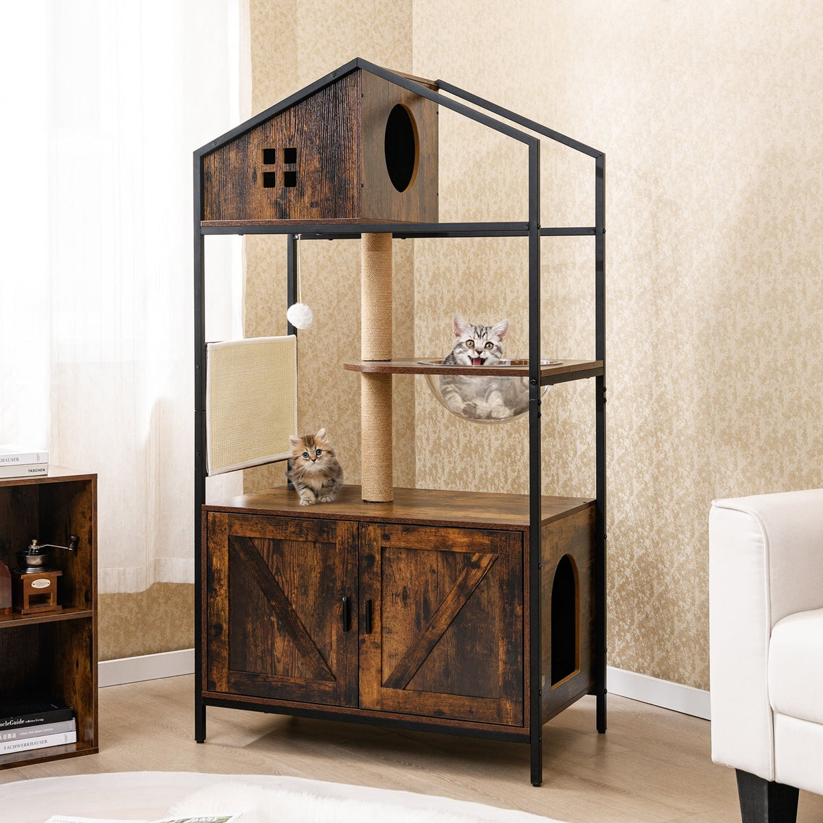 Cat Tree with Litter Box Enclosure Industrial Cat Tower Multi-level Cat Condo Furniture for Indoor Cats-Rustic Brown-Cat Trees & Scratchers-DECOROLALA