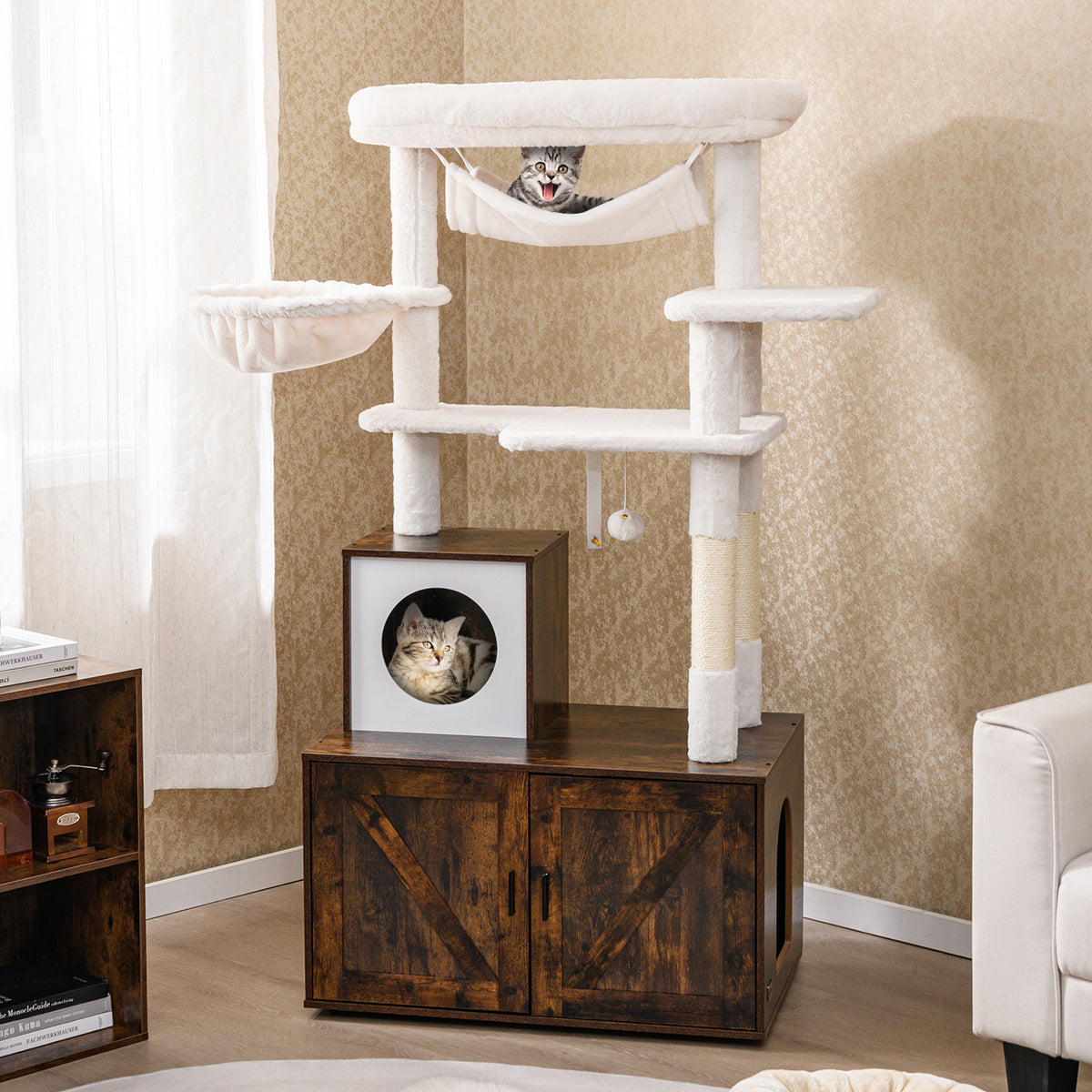 Cat Tree with Litter Box Enclosure for Indoor Cats-Rustic Brown-Cat Trees & Scratchers-DECOROLALA