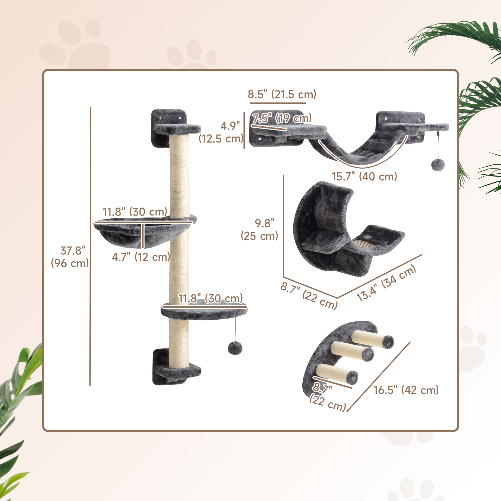 Cat Wall Shelf with Scratching Post, Play Balls, Platforms, Dark Grey-Cats-DECOROLALA