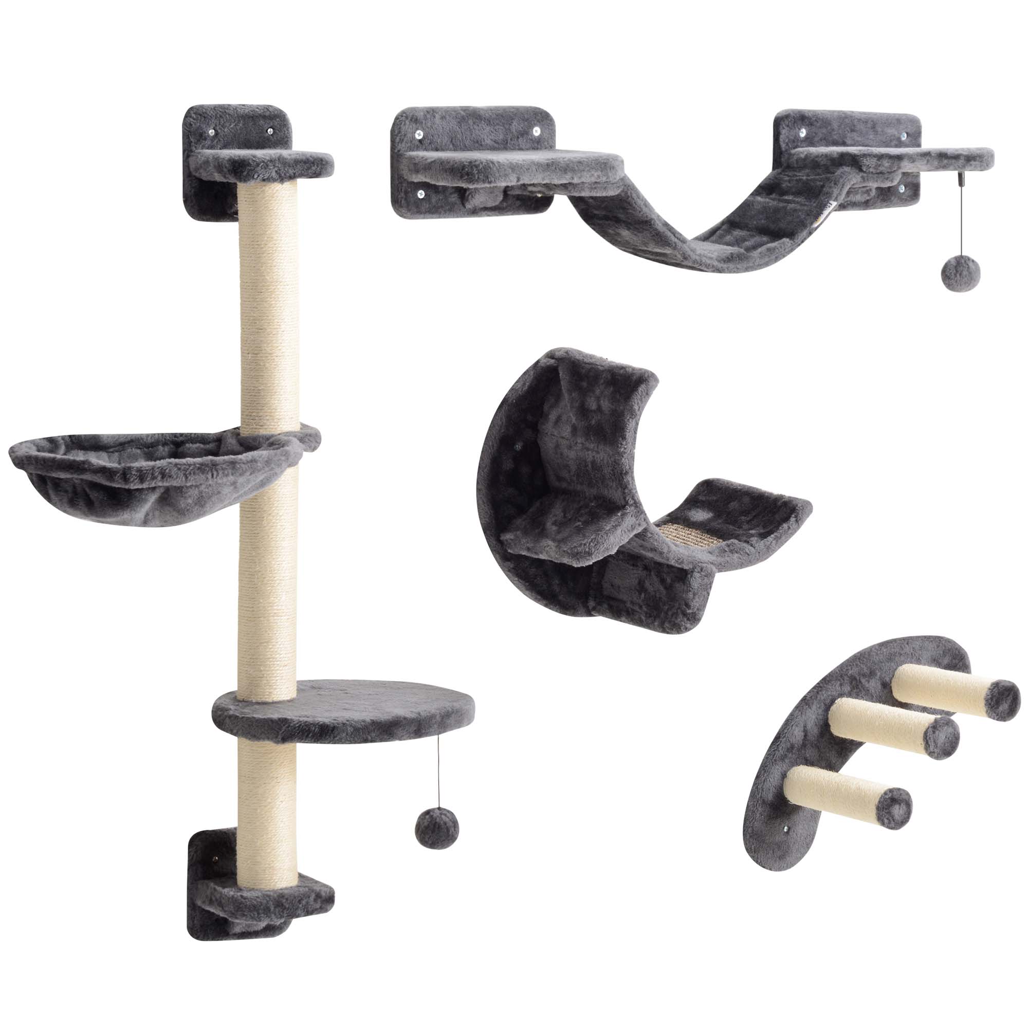 Cat Wall Shelf with Scratching Post, Play Balls, Platforms, Dark Grey-Cats-DECOROLALA