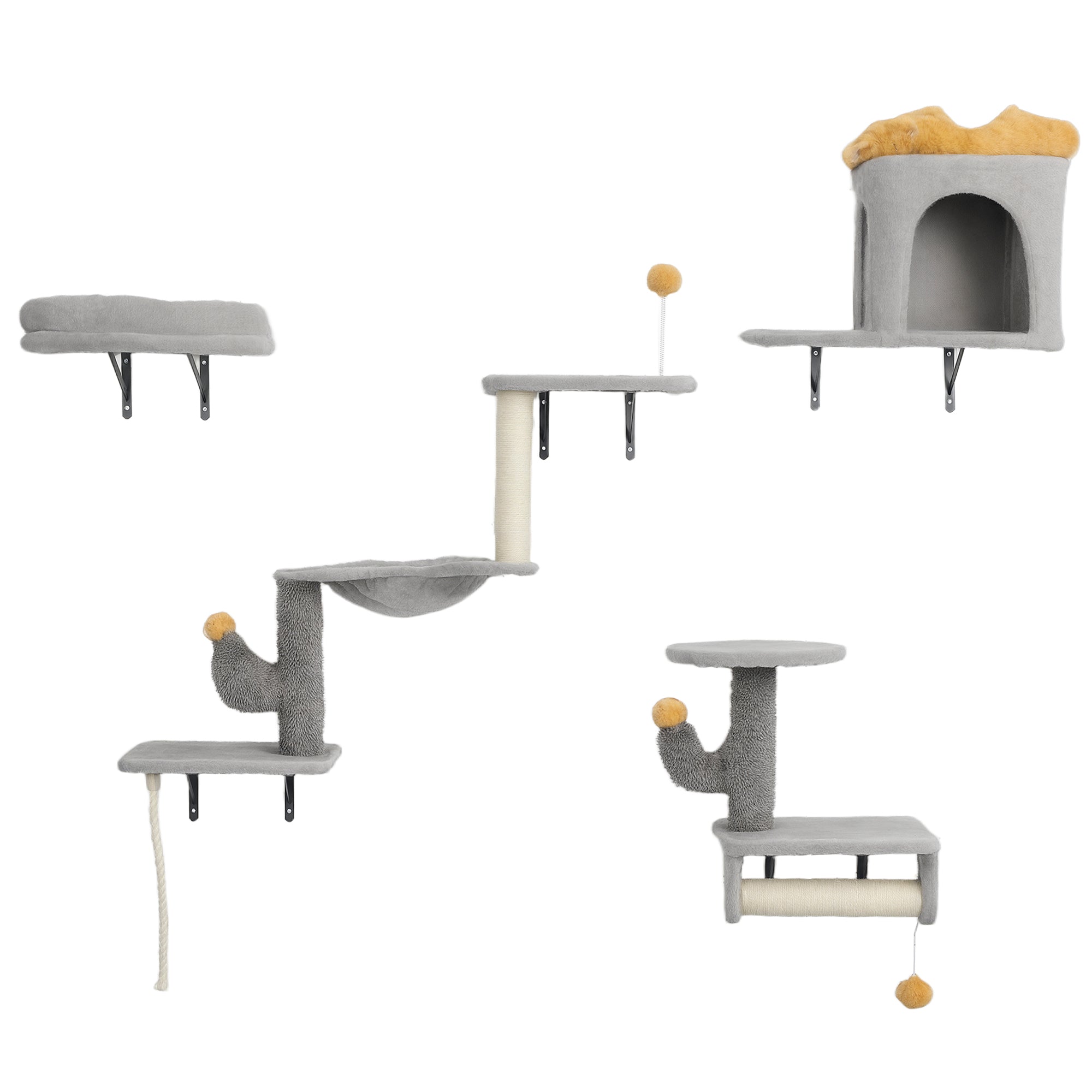 Cat Wall Shelves, 4 Pcs Cat Wall Furniture Set with Scratching Posts, Condo, Hammock, Perchs, Light Grey-Cats-DECOROLALA