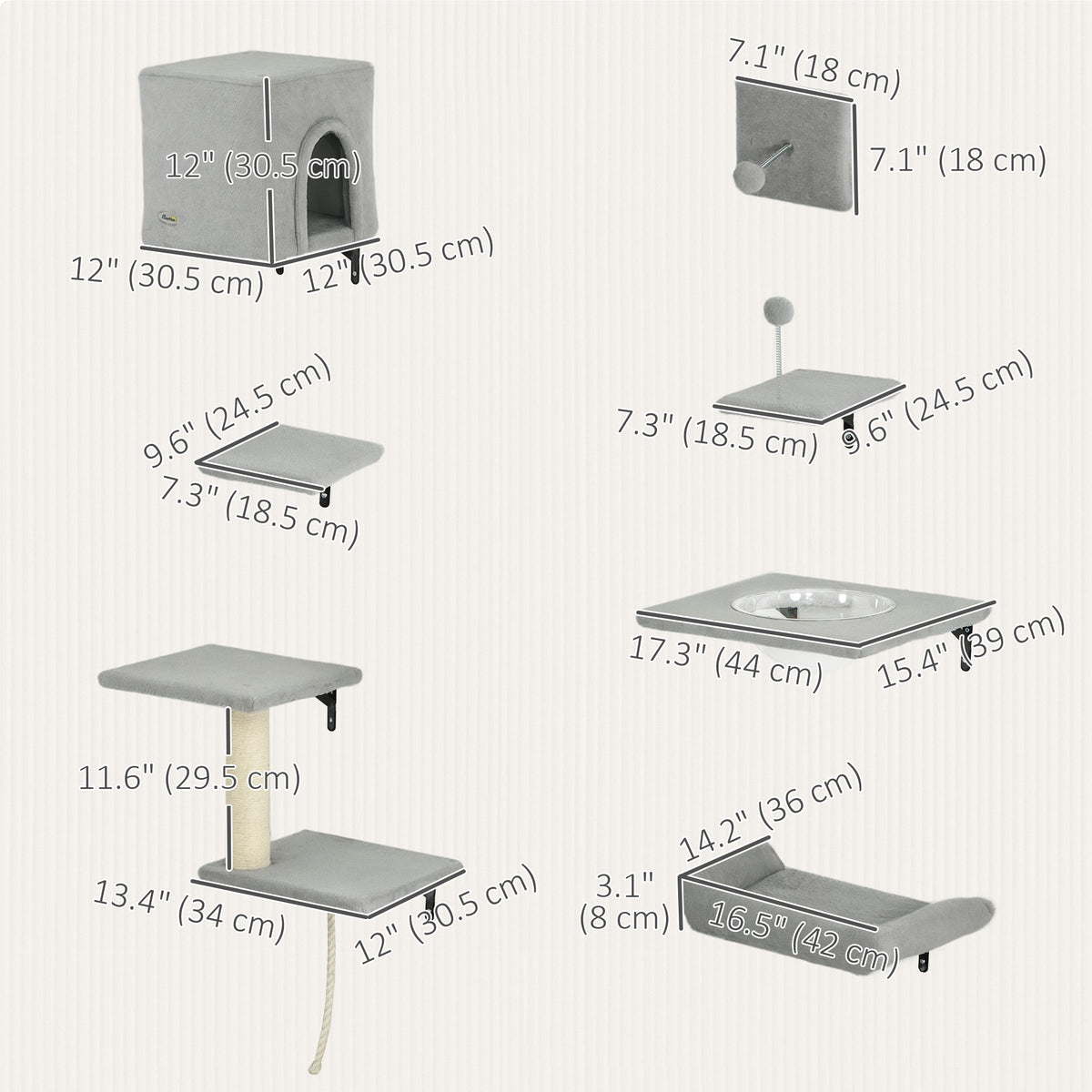 Cat Wall Shelves Set of 7 - Grey Sisal Post Ladder & Bed-Cats-DECOROLALA