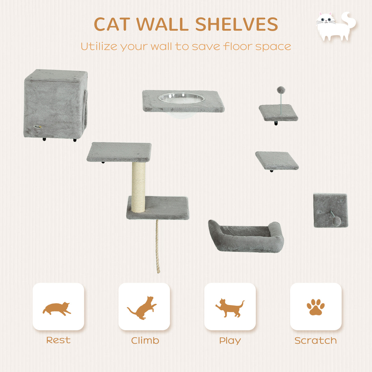 Cat Wall Shelves Set of 7 - Grey Sisal Post Ladder & Bed-Cats-DECOROLALA