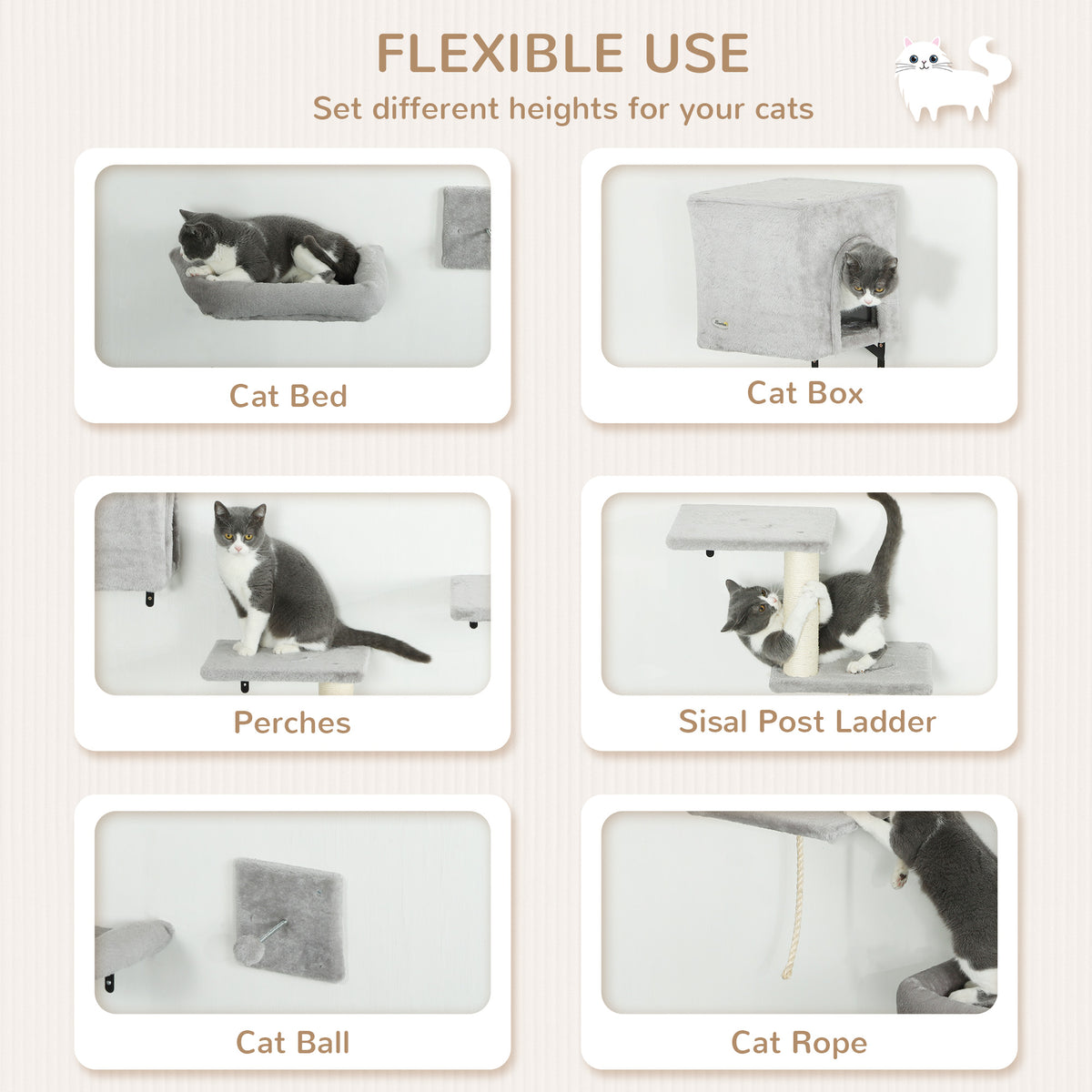Cat Wall Shelves Set of 7 - Grey Sisal Post Ladder & Bed-Cats-DECOROLALA
