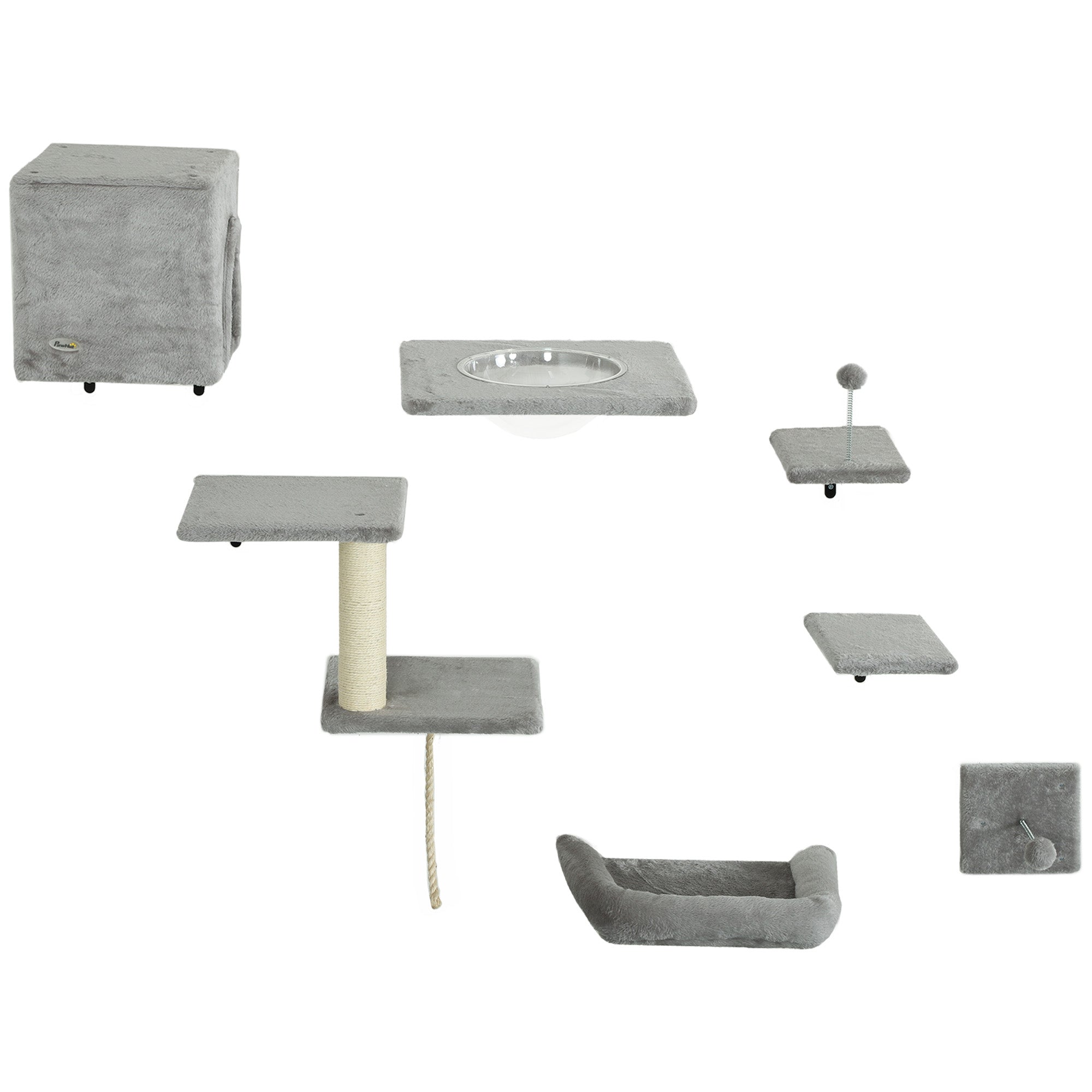 Cat Wall Shelves Set of 7, Shelves and Perches with House, Sisal Post Ladder, Bed & Ball, Grey-Cats-DECOROLALA