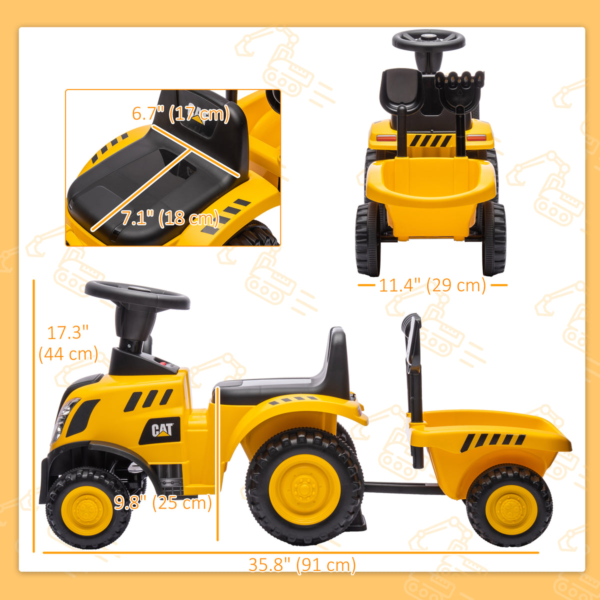 Caterpillar Licensed No Power Ride On Tractor with Shovel, Trailer-Toys & Games > Baby & Toddler Toys > Riding & Rocking Toys > Toy Excavators-DECOROLALA