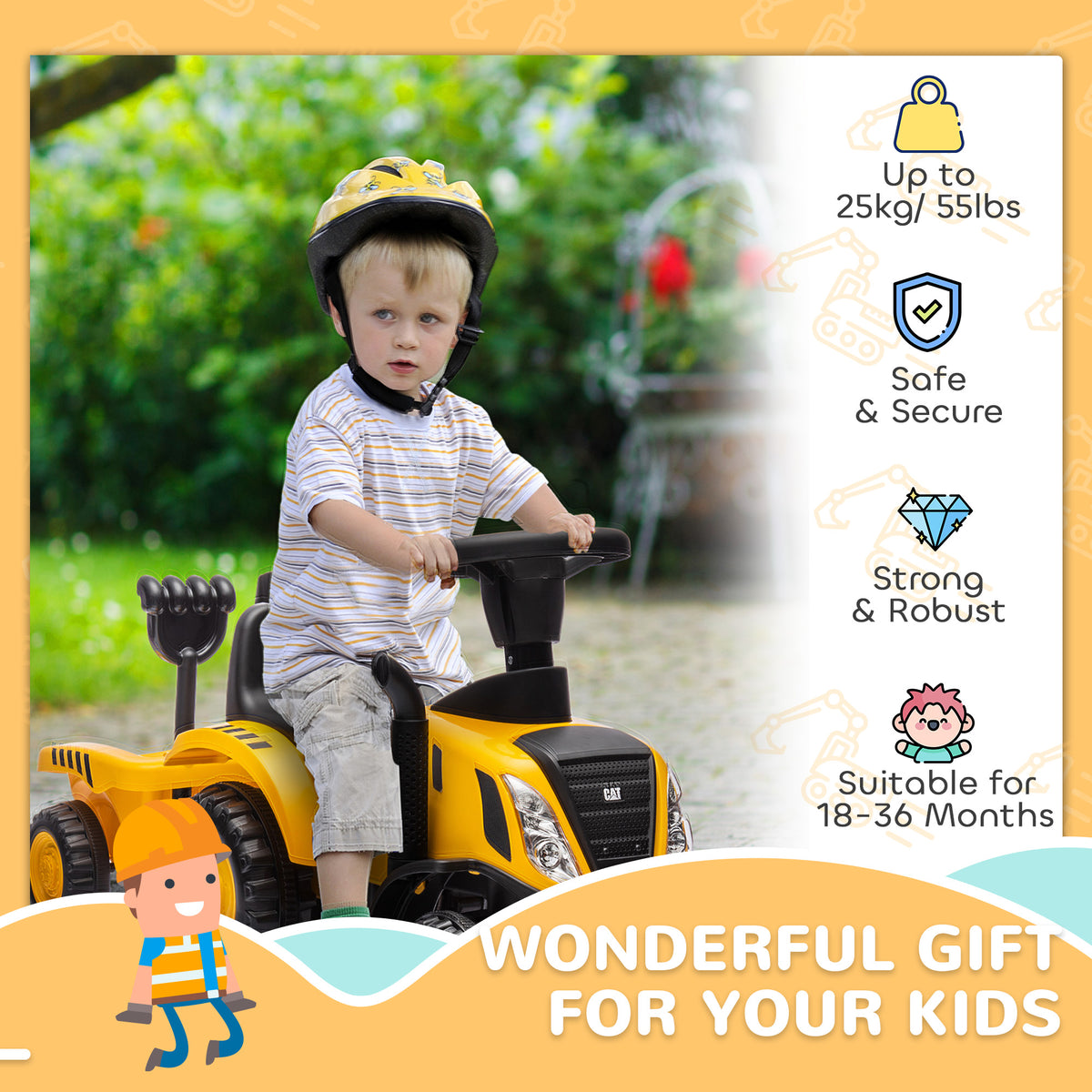 Caterpillar Licensed No Power Ride On Tractor with Shovel, Trailer-Toys & Games > Baby & Toddler Toys > Riding & Rocking Toys > Toy Excavators-DECOROLALA