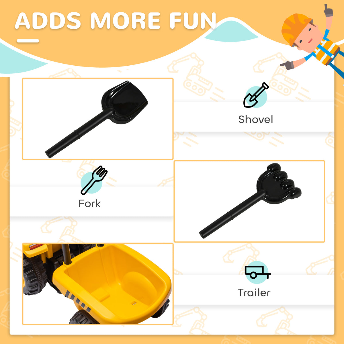 Caterpillar Licensed No Power Ride On Tractor with Shovel, Trailer-Toys & Games > Baby & Toddler Toys > Riding & Rocking Toys > Toy Excavators-DECOROLALA