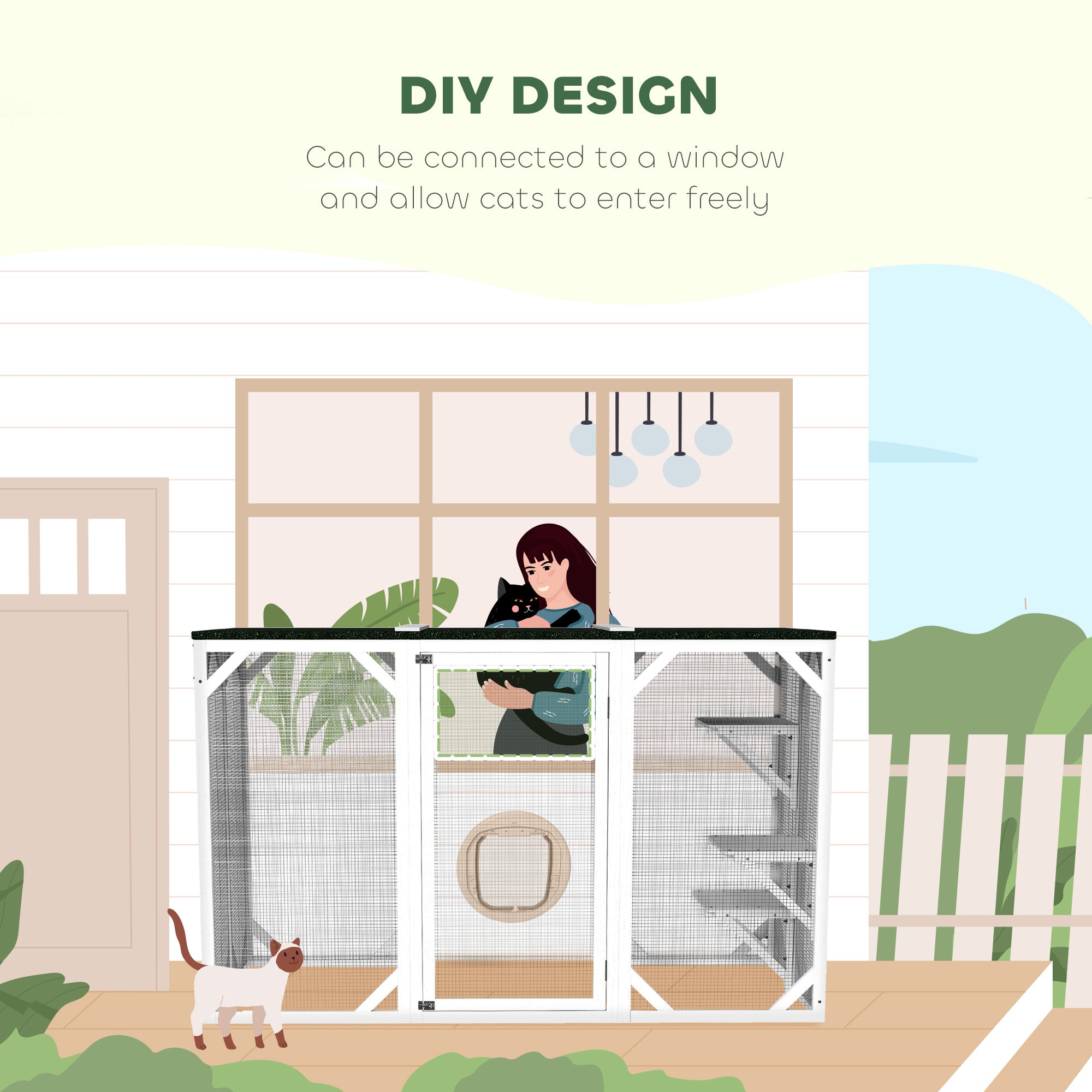 Catio Outdoor Cat Enclosure with Waterproof Roof, Multi-Level Platforms, Lock, White-DECOROLALA