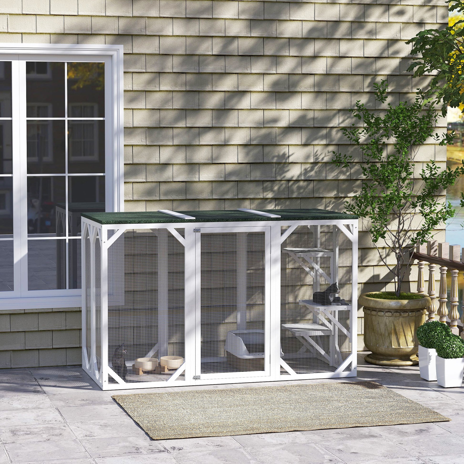 Catio Outdoor Cat Enclosure with Waterproof Roof, Multi-Level Platforms, Lock, White-DECOROLALA