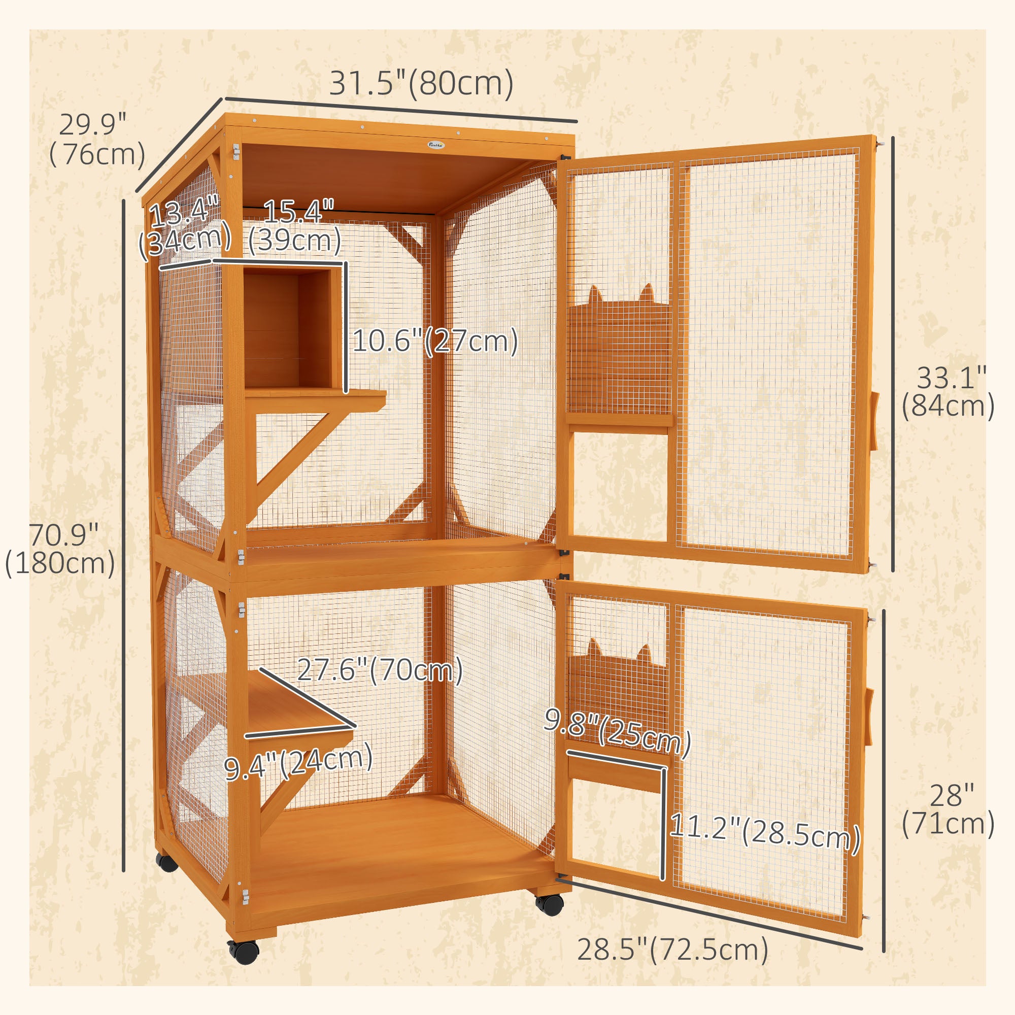 Catio Outdoor, Elevated Design, with Wheels, Resting Box, Water-Resistant, Multi Platforms, Orange-DECOROLALA