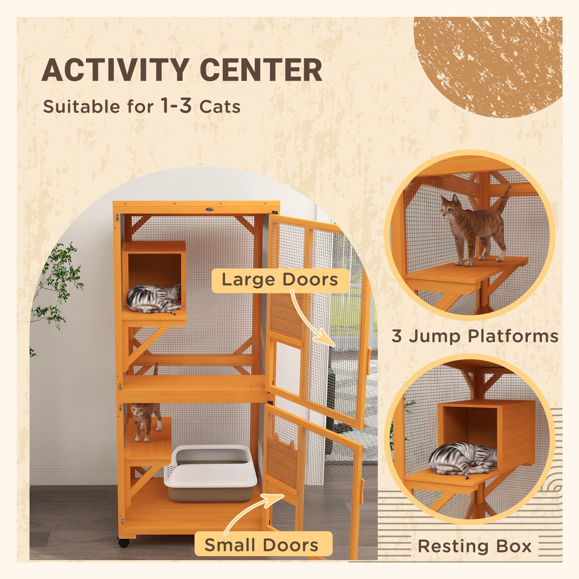 Catio Outdoor, Elevated Design, with Wheels, Resting Box, Water-Resistant, Multi Platforms, Orange-DECOROLALA