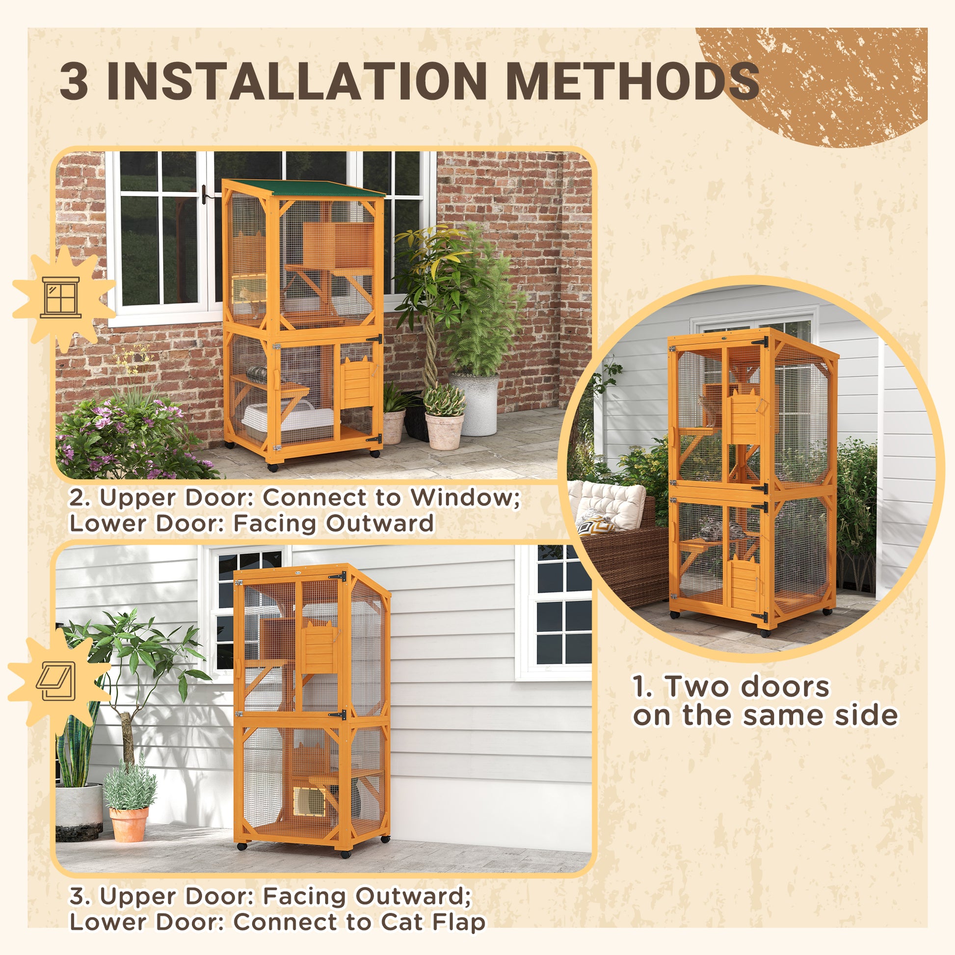 Catio Outdoor, Elevated Design, with Wheels, Resting Box, Water-Resistant, Multi Platforms, Orange-DECOROLALA