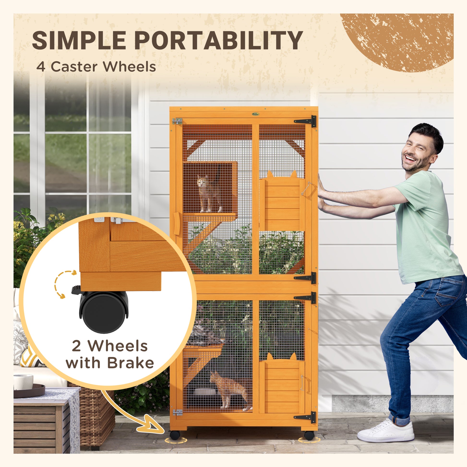 Catio Outdoor, Elevated Design, with Wheels, Resting Box, Water-Resistant, Multi Platforms, Orange-DECOROLALA