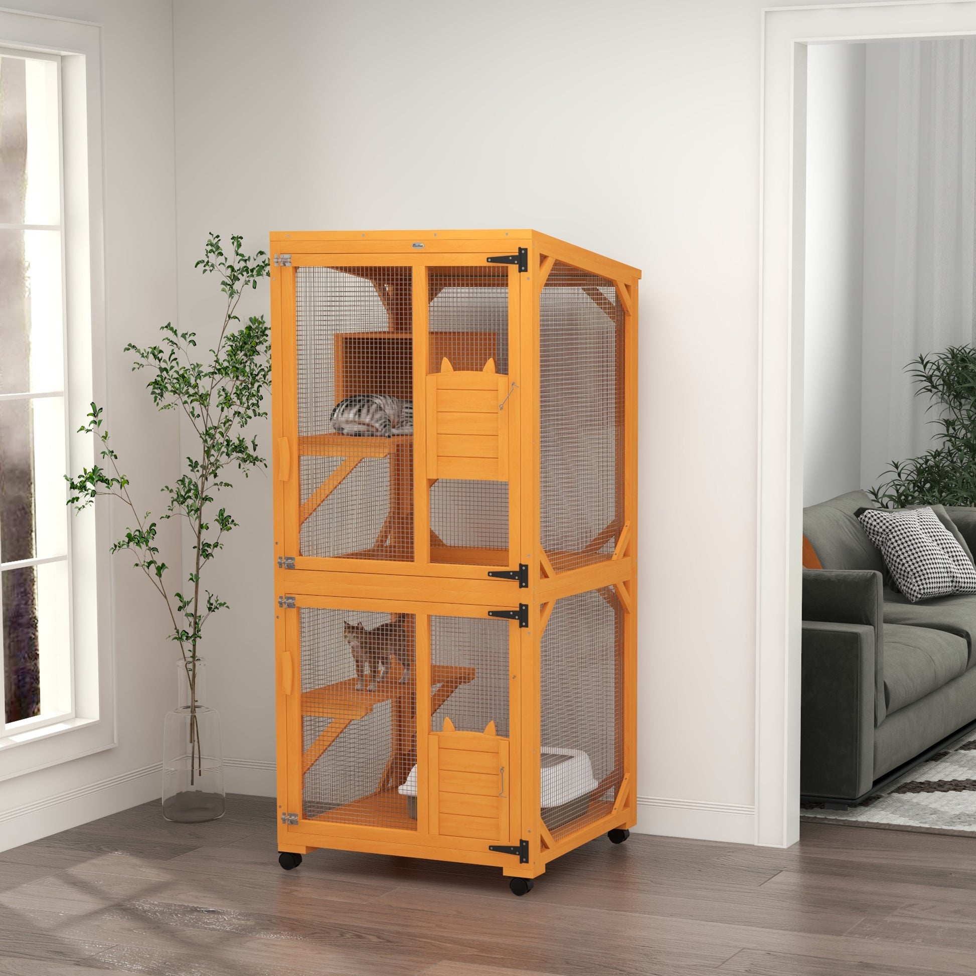Catio Outdoor, Elevated Design, with Wheels, Resting Box, Water-Resistant, Multi Platforms, Orange-DECOROLALA