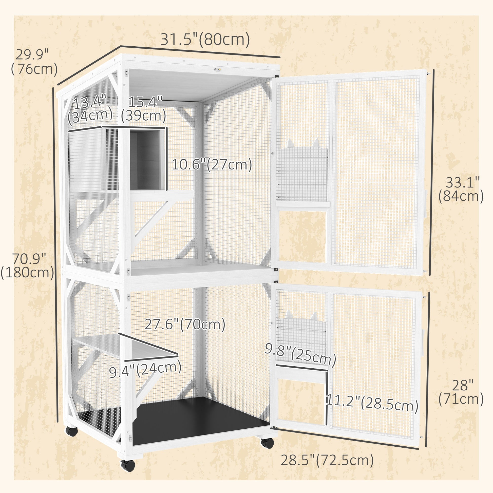 Catio Outdoor, Elevated Design, with Wheels, Resting Box, Water-Resistant, Multi Platforms, White-DECOROLALA