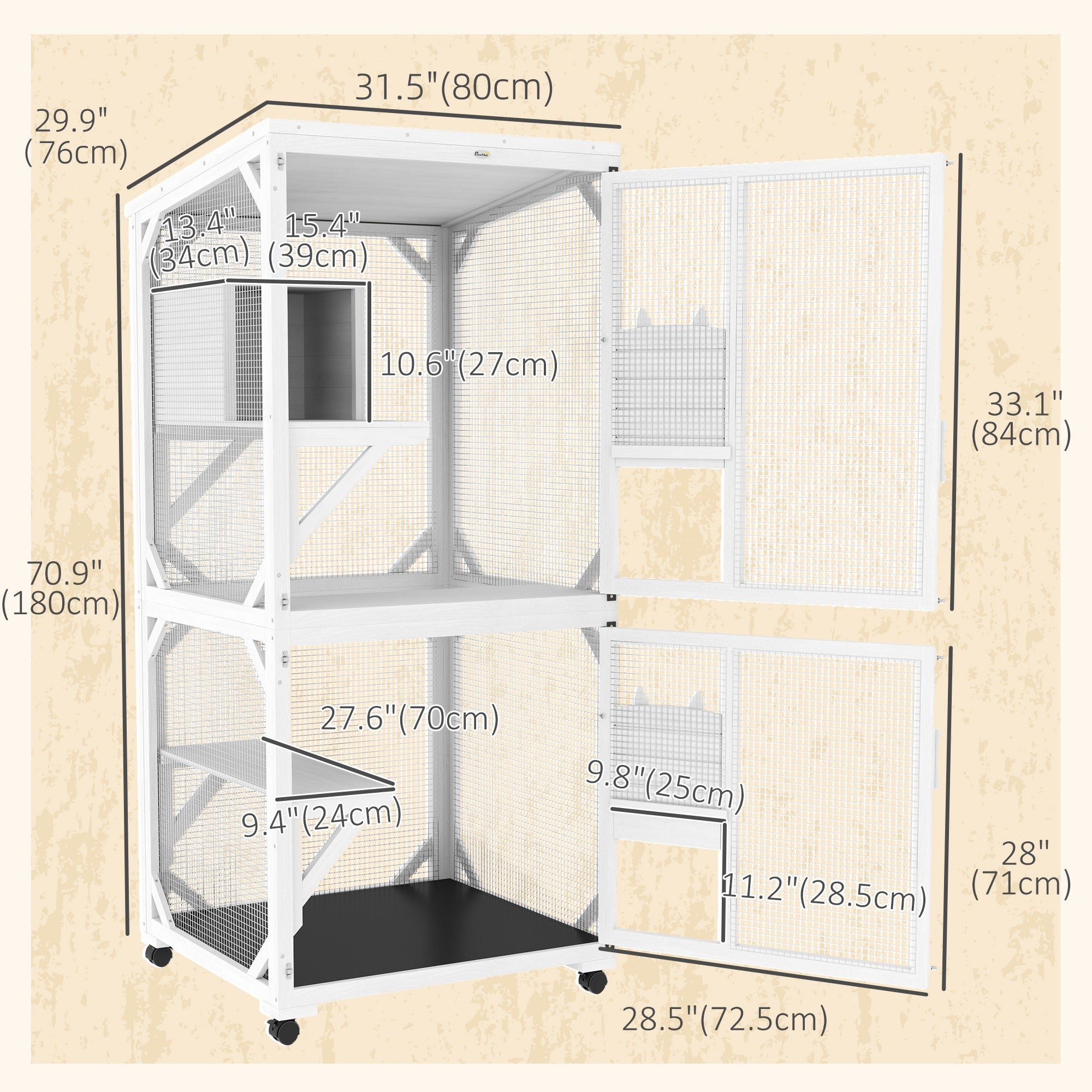 Catio Outdoor, Elevated Design, with Wheels, Resting Box, Water-Resistant, Multi Platforms, White-DECOROLALA