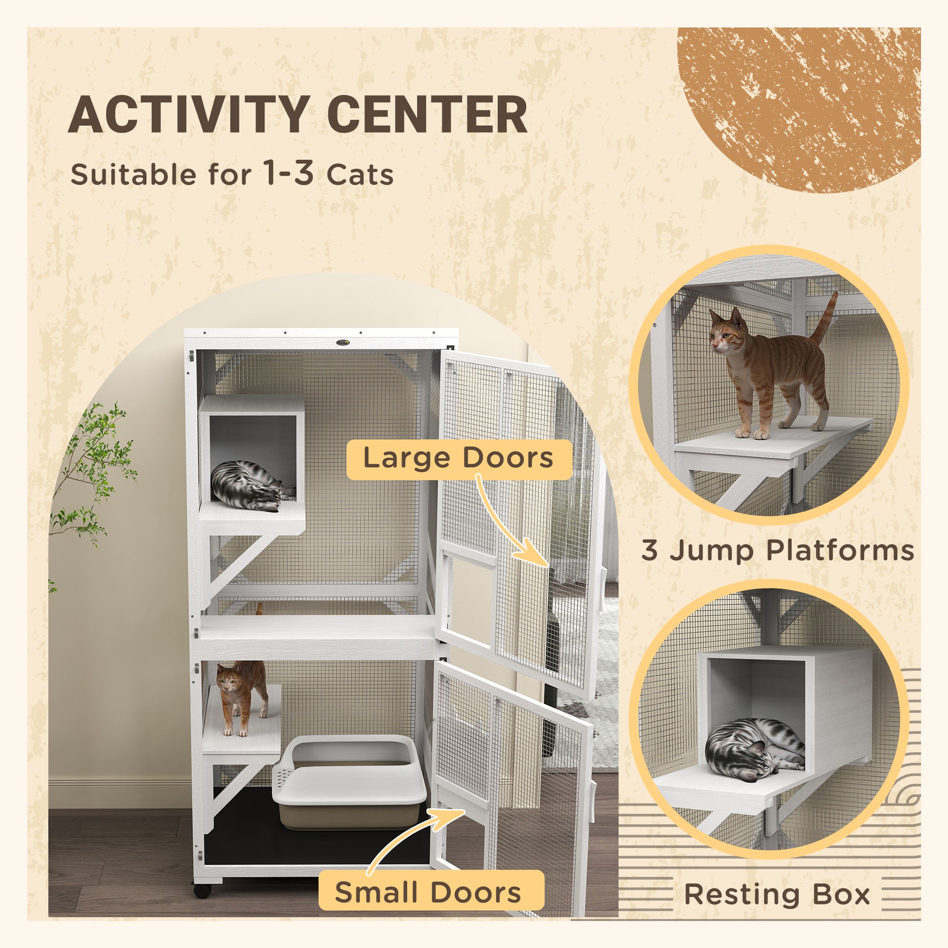 Catio Outdoor, Elevated Design, with Wheels, Resting Box, Water-Resistant, Multi Platforms, White-DECOROLALA