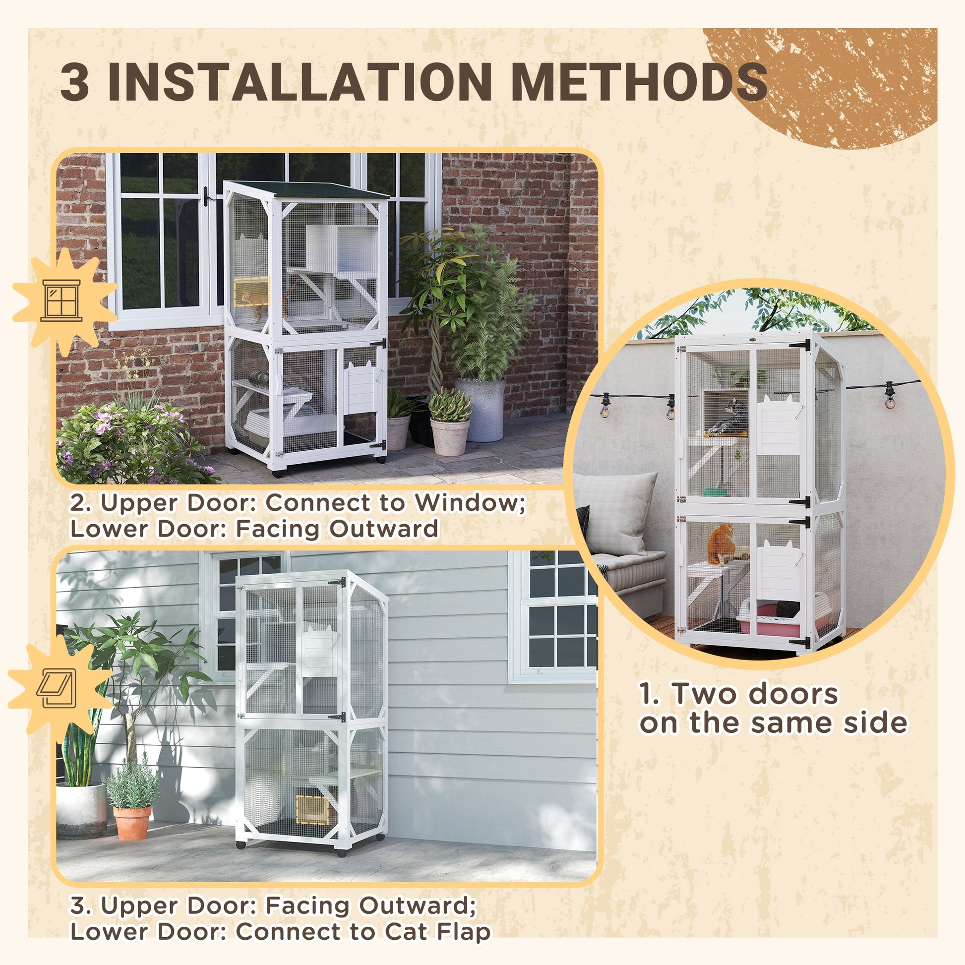 Catio Outdoor, Elevated Design, with Wheels, Resting Box, Water-Resistant, Multi Platforms, White-DECOROLALA