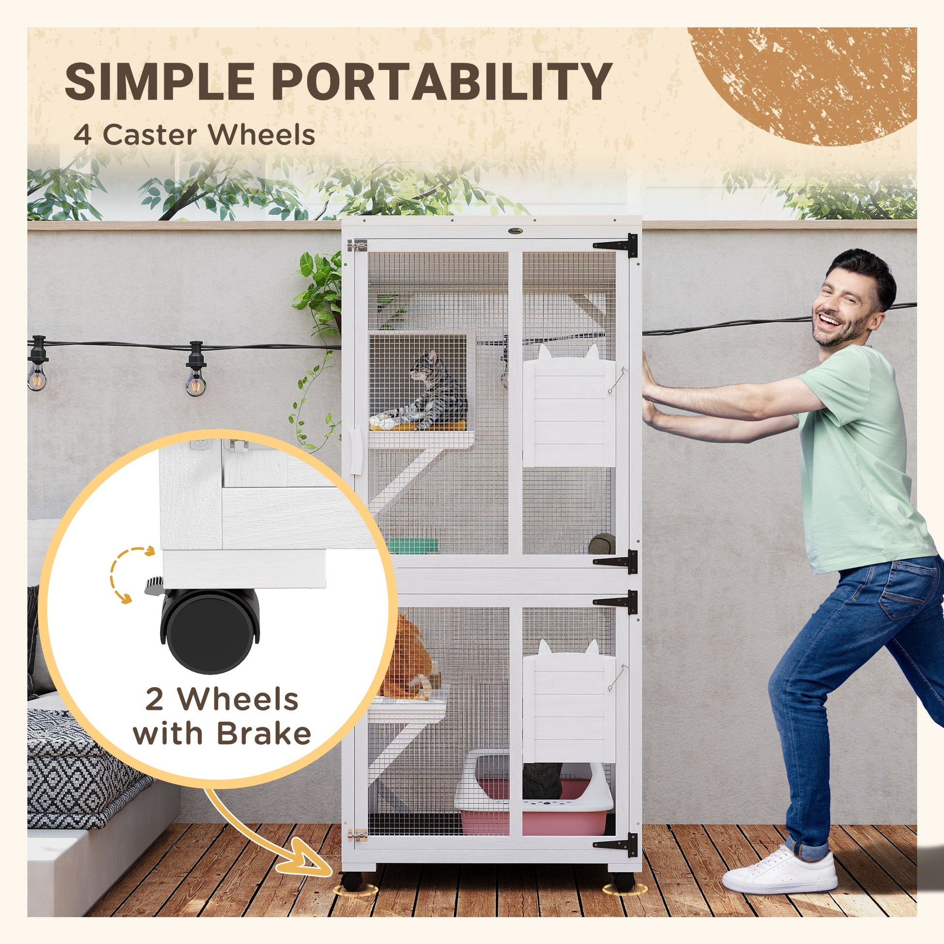 Catio Outdoor, Elevated Design, with Wheels, Resting Box, Water-Resistant, Multi Platforms, White-DECOROLALA