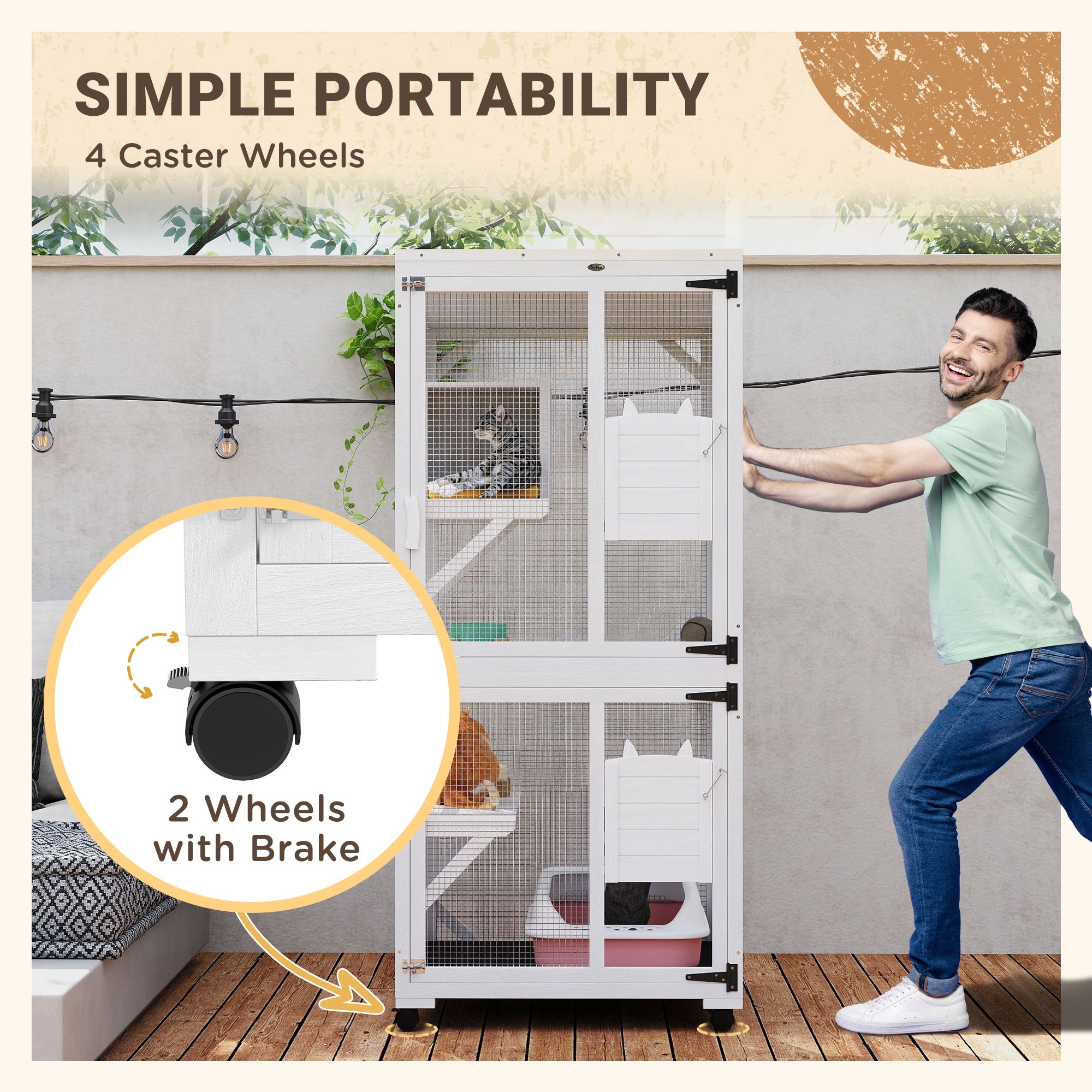 Catio Outdoor, Elevated Design, with Wheels, Resting Box, Water-Resistant, Multi Platforms, White-DECOROLALA