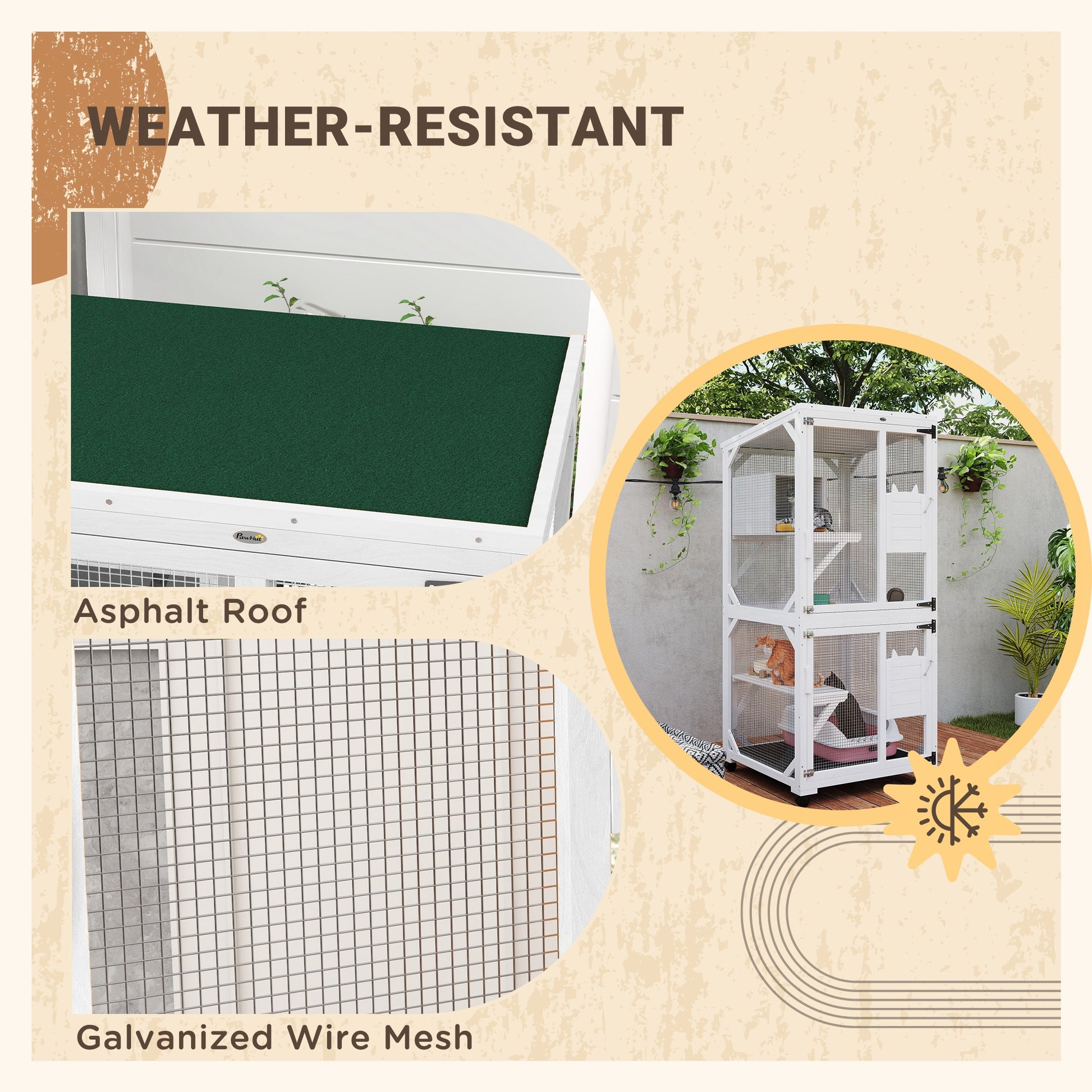 Catio Outdoor, Elevated Design, with Wheels, Resting Box, Water-Resistant, Multi Platforms, White-DECOROLALA