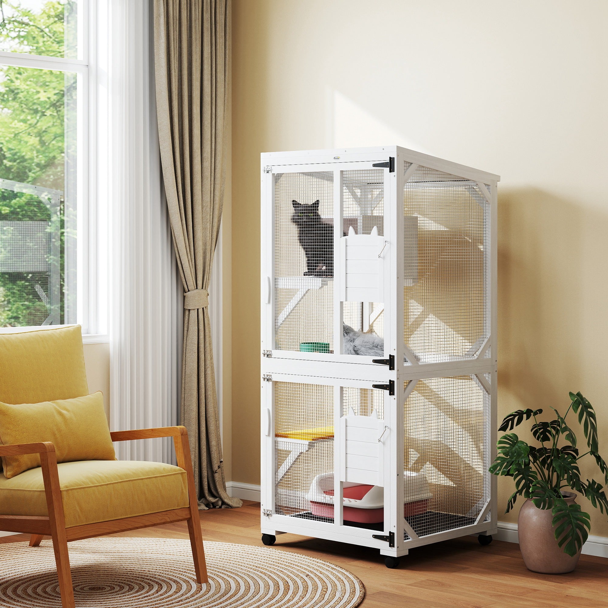 Catio Outdoor, Elevated Design, with Wheels, Resting Box, Water-Resistant, Multi Platforms, White-DECOROLALA