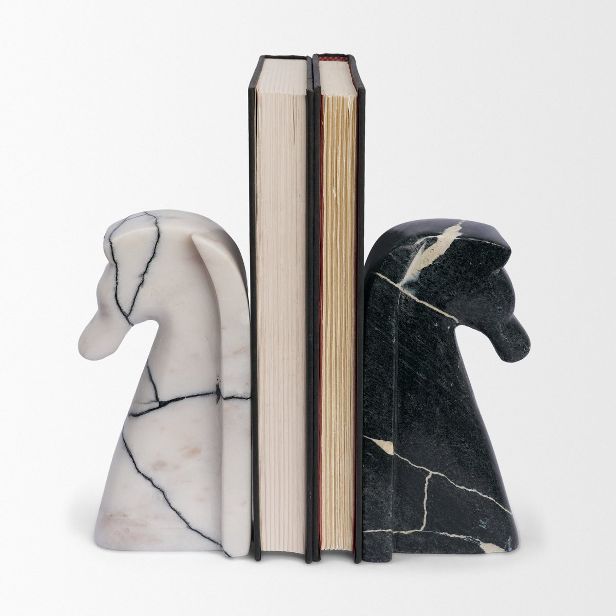 Cavalli Black and White Marble Horse Bookends-Bookends-DECOROLALA
