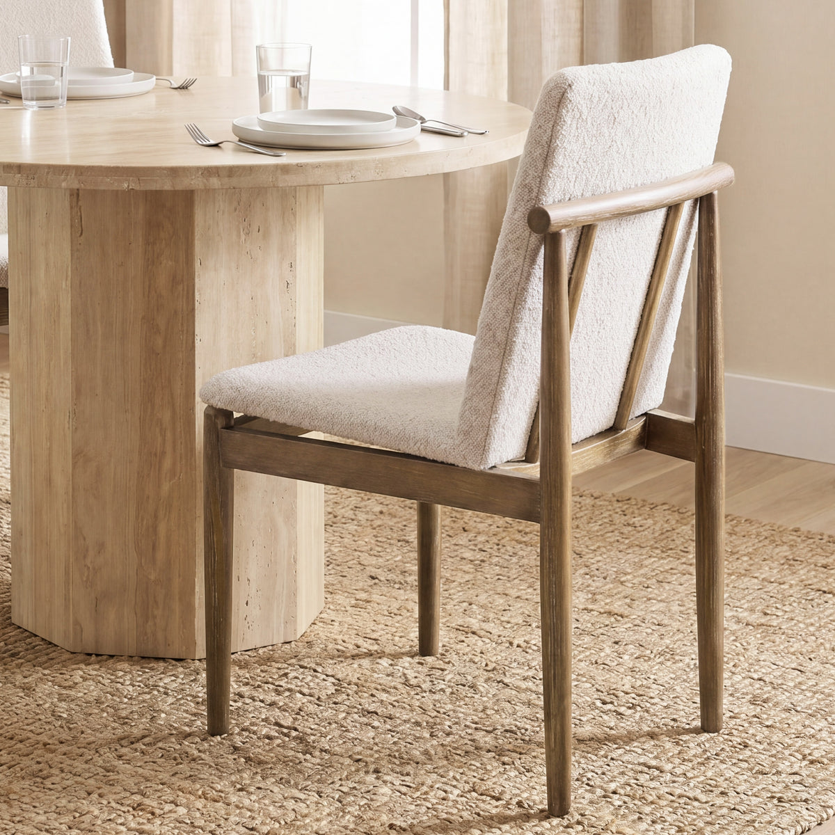 Cavett Curved Back Dining Side Chair | Cream Boucle w/ Wood-Dining Chairs-DECOROLALA