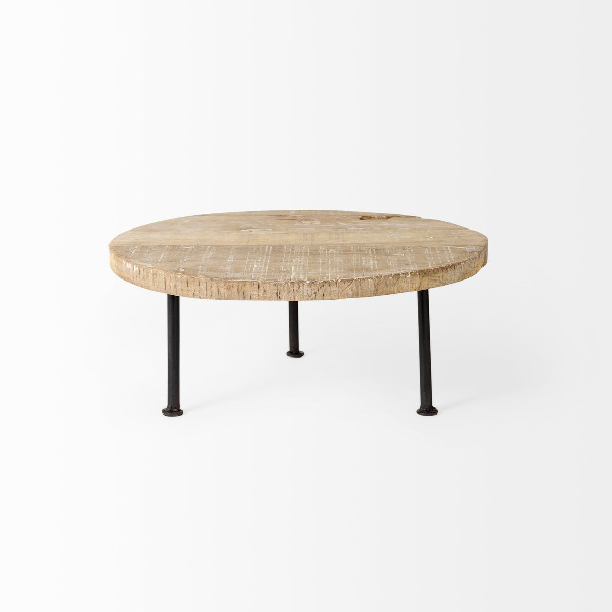 Cedric 15L x 15W x 4.5H Round Light Brown Wood w/ Black Metal Legs Decorative Display Stand-Trays-DECOROLALA