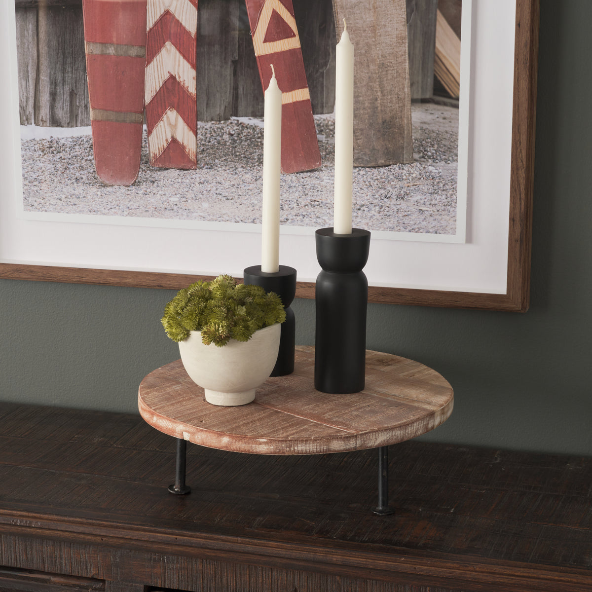 Cedric 15L x 15W x 4.5H Round Light Brown Wood w/ Black Metal Legs Decorative Display Stand-Trays-DECOROLALA