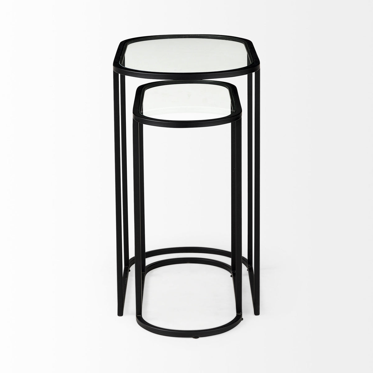 Celine 24.2 L x 12.6 W x 22.4 H Set of Two Black/Silver Metal and Glass Nesting Accent Tables-Accent Tables-DECOROLALA