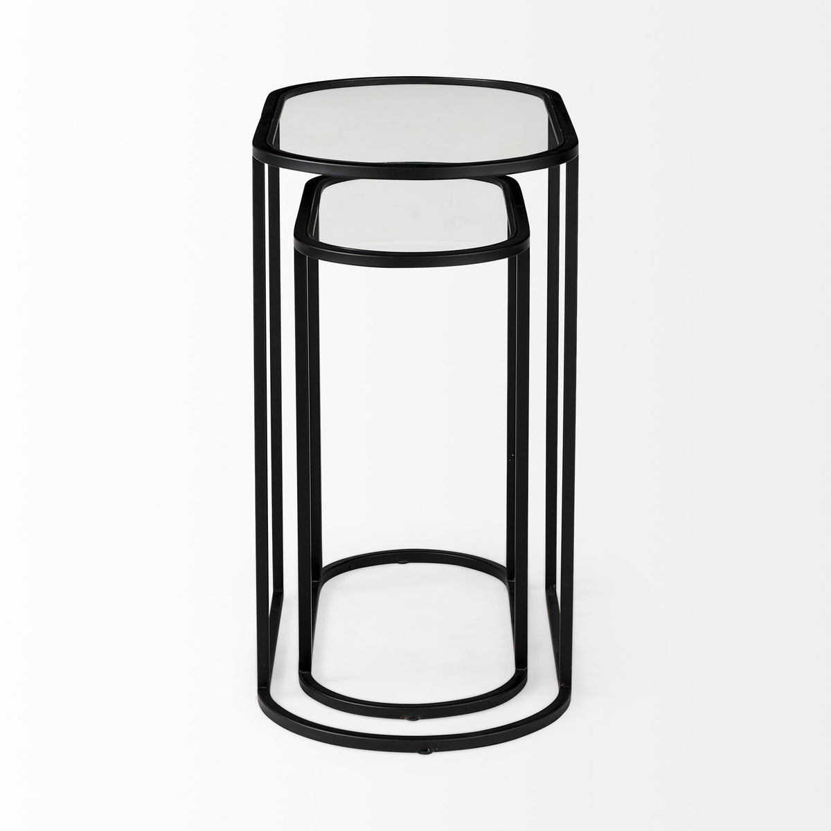 Celine 24.2 L x 12.6 W x 22.4 H Set of Two Black/Silver Metal and Glass Nesting Accent Tables-Accent Tables-DECOROLALA