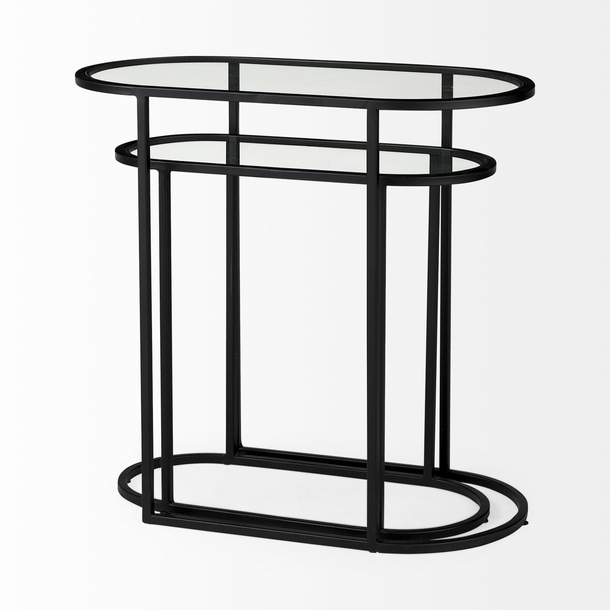 Celine 24.2 L x 12.6 W x 22.4 H Set of Two Black/Silver Metal and Glass Nesting Accent Tables-Accent Tables-DECOROLALA
