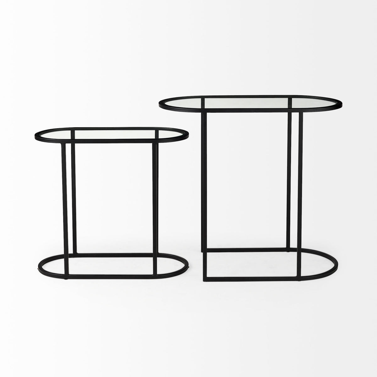 Celine 24.2 L x 12.6 W x 22.4 H Set of Two Black/Silver Metal and Glass Nesting Accent Tables-Accent Tables-DECOROLALA