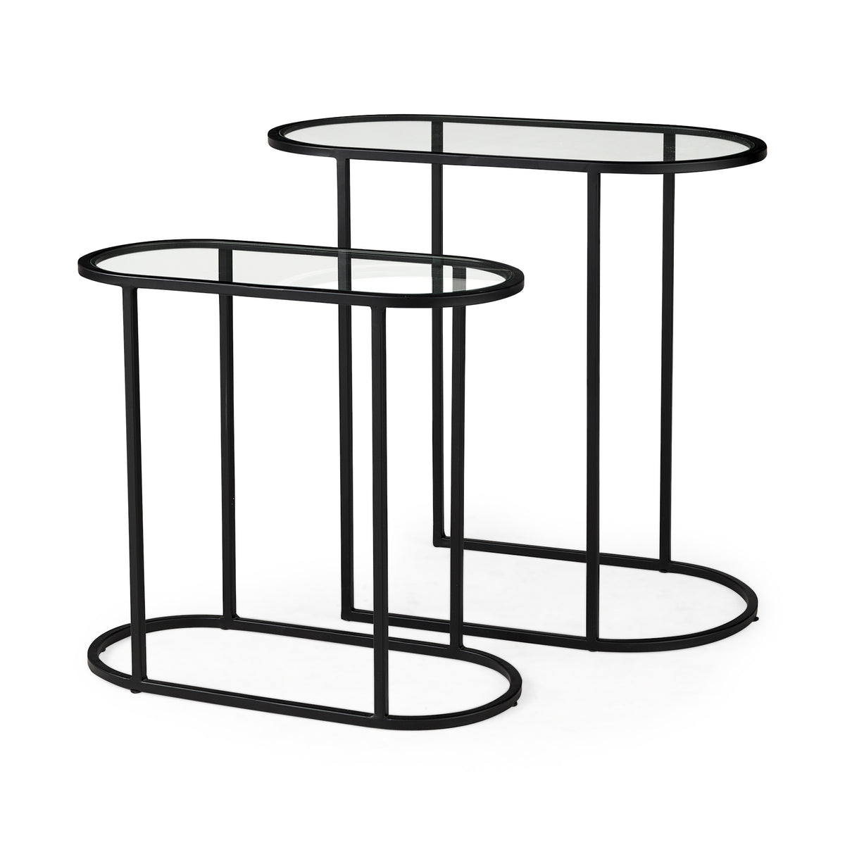 Celine 24.2 L x 12.6 W x 22.4 H Set of Two Black/Silver Metal and Glass Nesting Accent Tables-Accent Tables-DECOROLALA