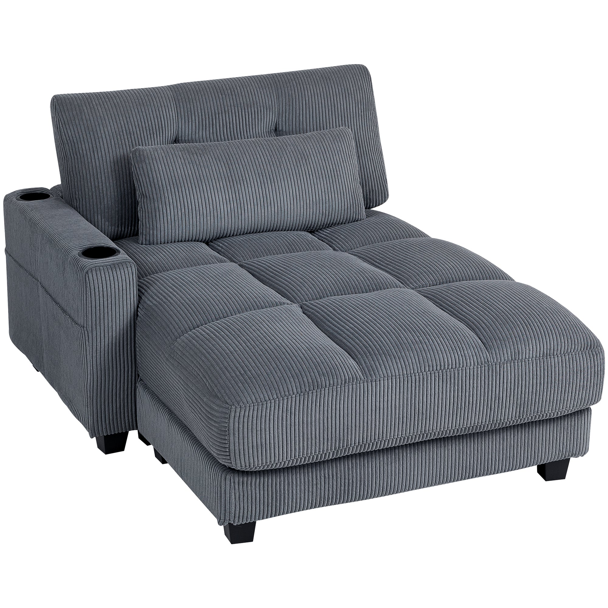 Chaise Lounge 58" Corduroy Dark Grey Cup Holders-DECOROLALA