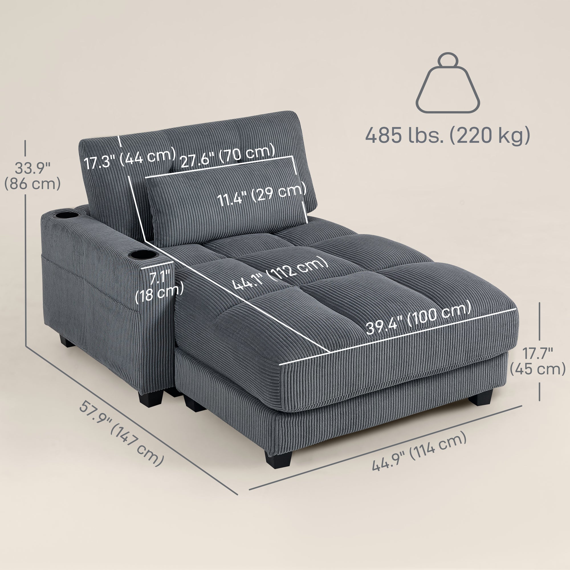 Chaise Lounge 58" Corduroy Dark Grey Cup Holders-DECOROLALA
