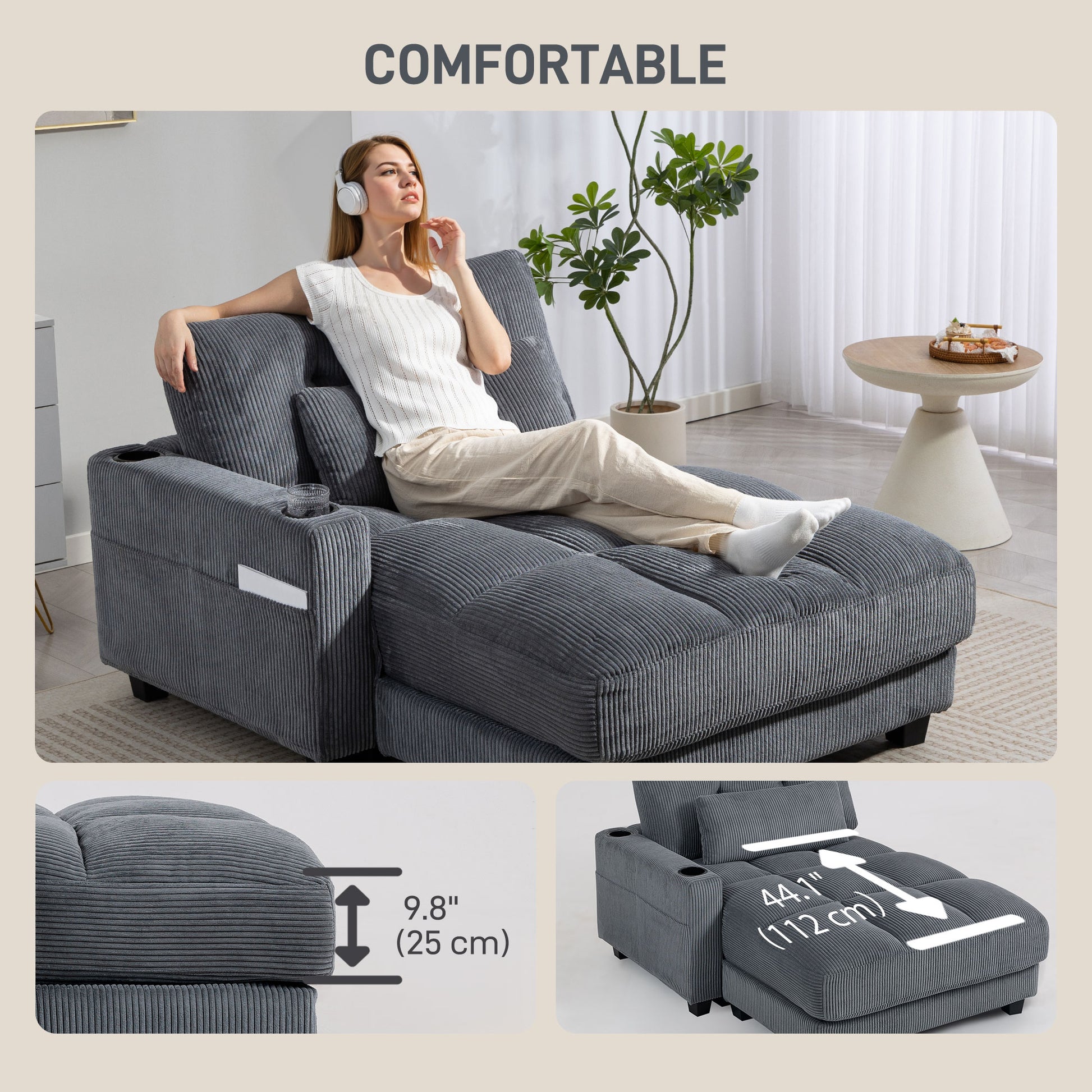 Chaise Lounge 58" Corduroy Dark Grey Cup Holders-DECOROLALA