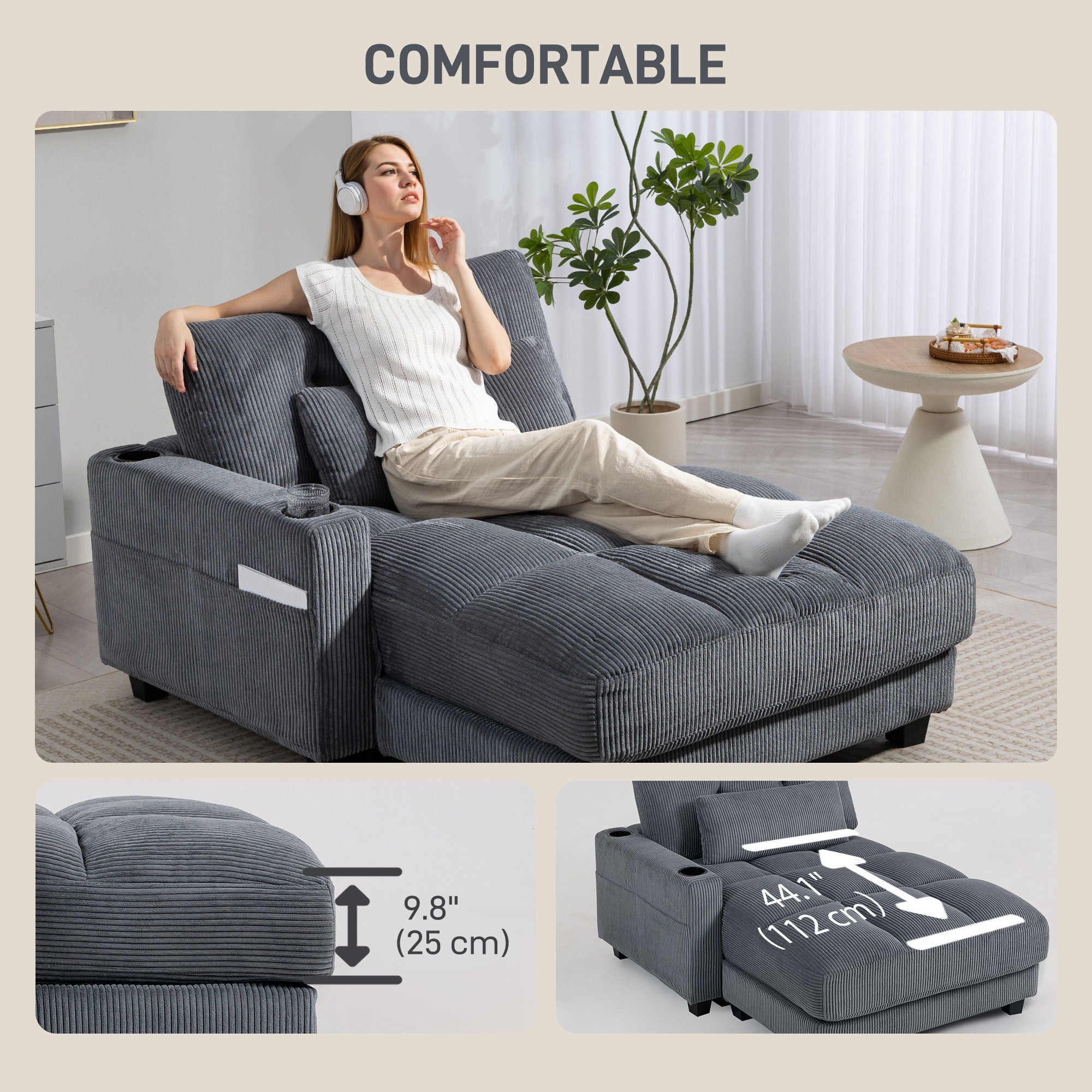 Chaise Lounge 58" Corduroy Dark Grey Cup Holders-DECOROLALA