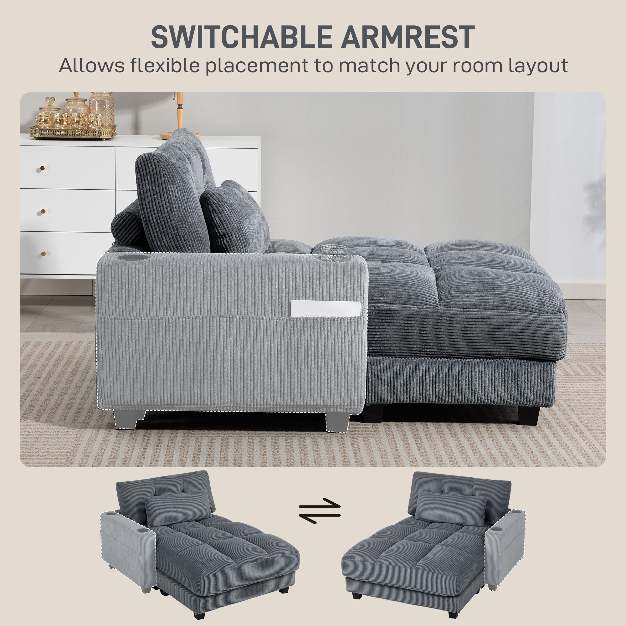 Chaise Lounge 58" Corduroy Dark Grey Cup Holders-DECOROLALA