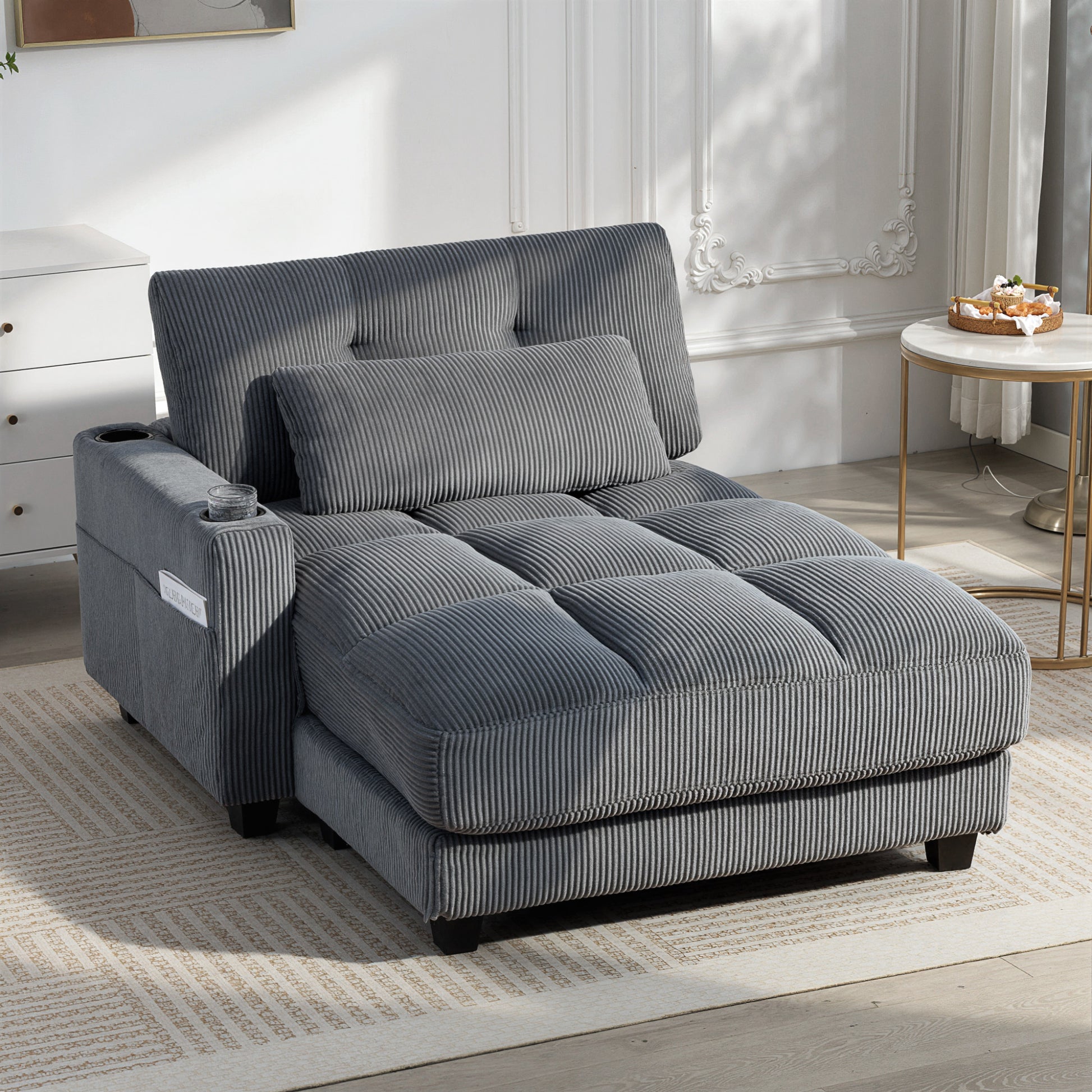 Chaise Lounge 58" Corduroy Dark Grey Cup Holders-DECOROLALA
