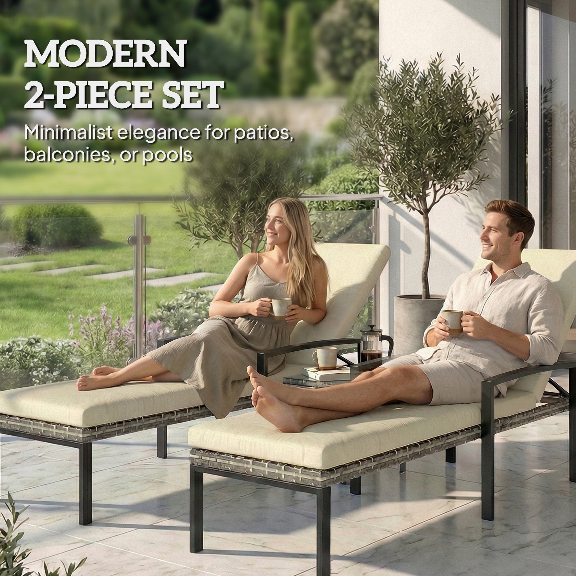 Chaise Lounge Chairs Set of 2 - Grey Wicker-DECOROLALA