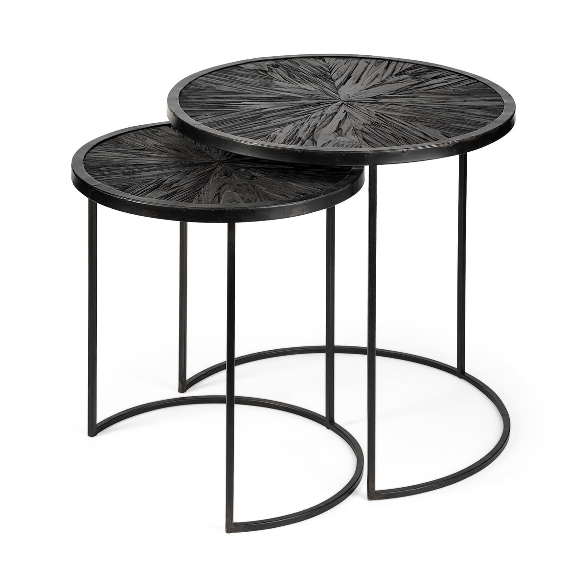 Chakra 19.7" Set of Two Round Dark Wood Top Black Frame Accent Tables-Accent Tables-DECOROLALA
