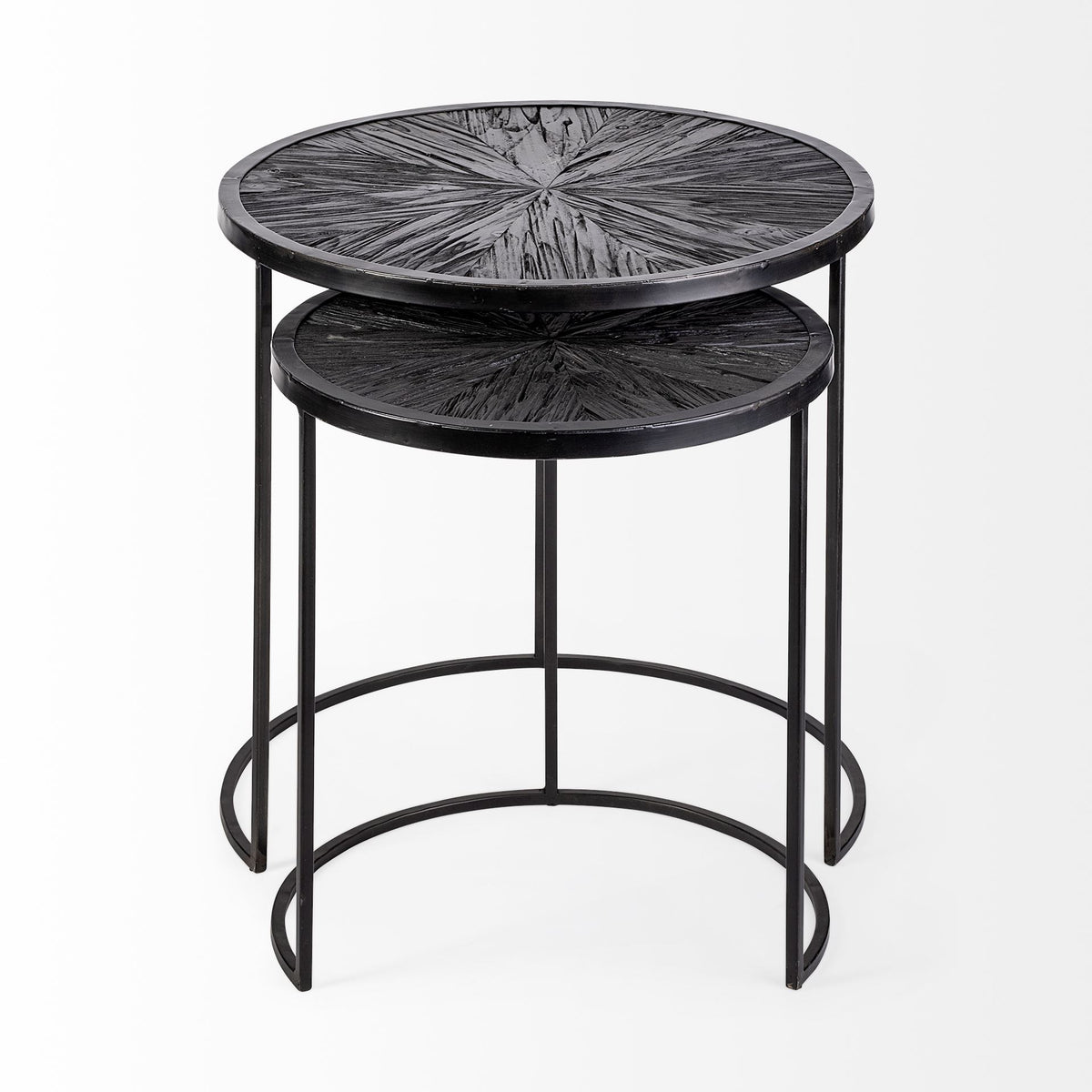 Chakra 19.7" Set of Two Round Dark Wood Top Black Frame Accent Tables-Accent Tables-DECOROLALA