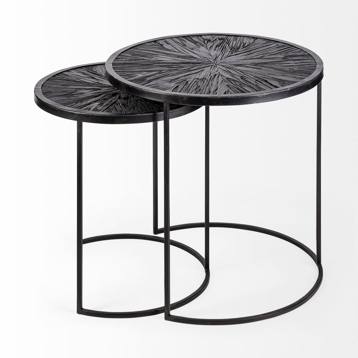 Chakra 19.7" Set of Two Round Dark Wood Top Black Frame Accent Tables-Accent Tables-DECOROLALA