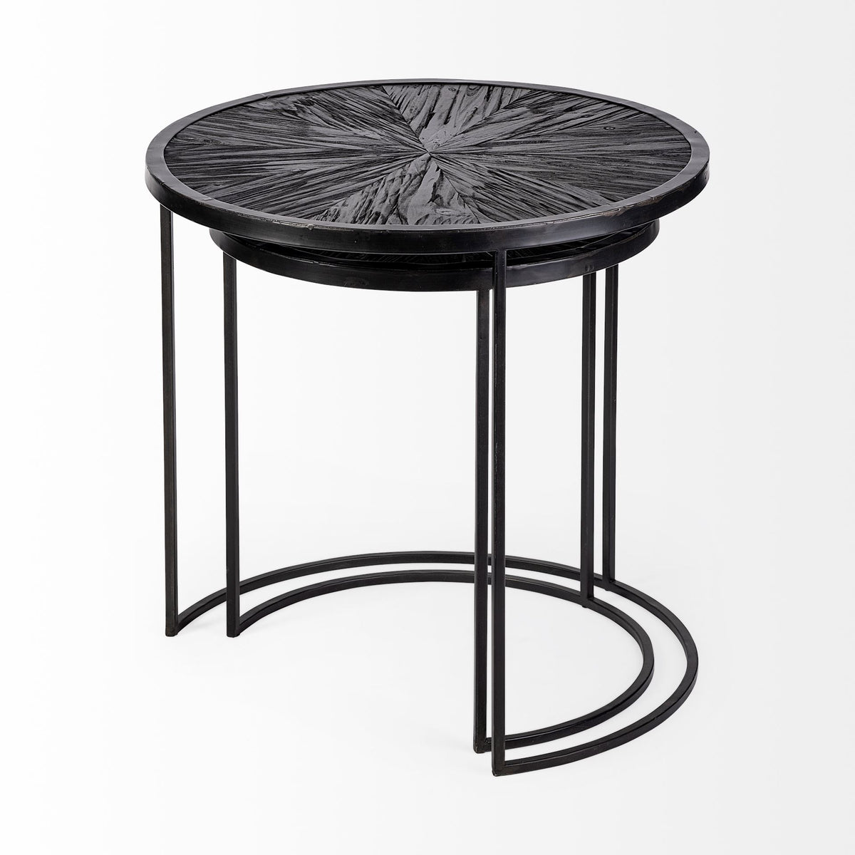 Chakra 19.7" Set of Two Round Dark Wood Top Black Frame Accent Tables-Accent Tables-DECOROLALA